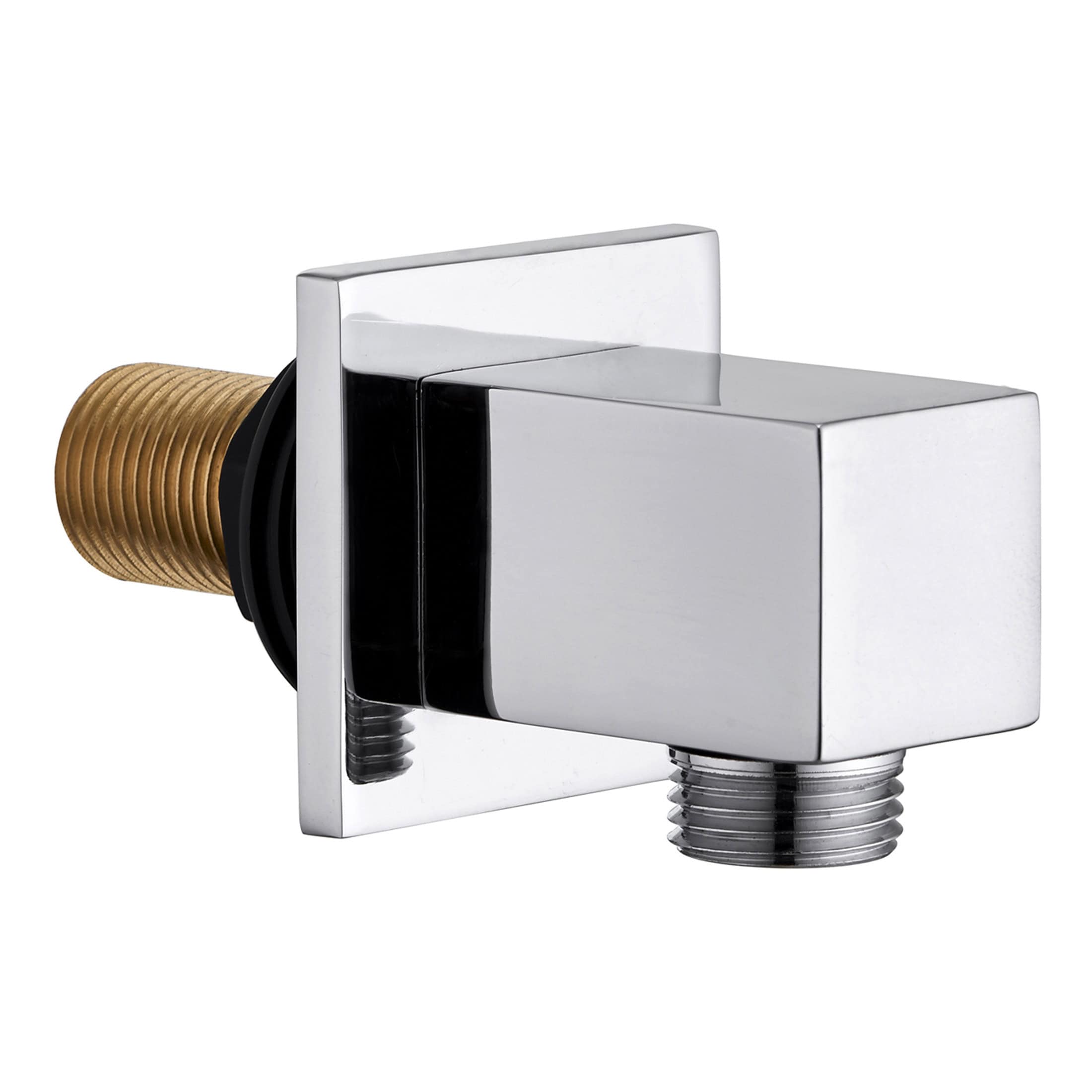 Shower valve with chrome finish and copper inlet pipe, modern plumbing fixture for bathroom installation.