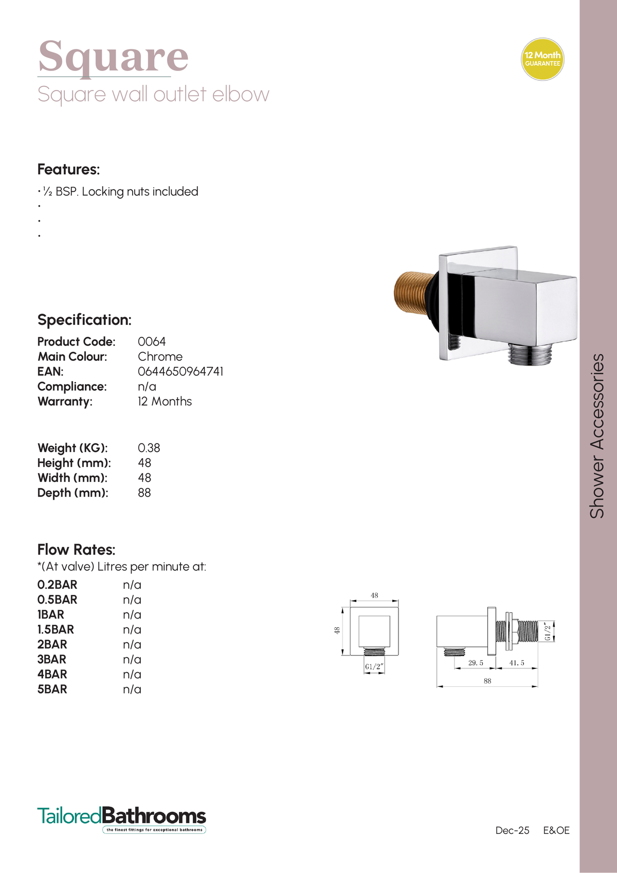 Tailored Square Wall Outlet Elbow - specification sheet with technical drawing and dimensions