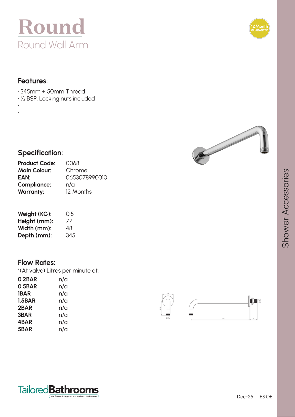 Tailored Round Wall Mounted Shower Arm - 345mm Long - specification sheet with technical drawing and dimensions