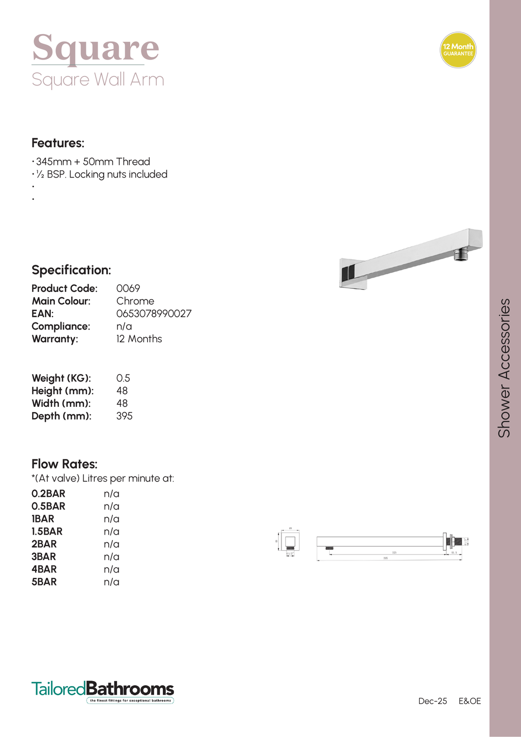 Tailored Square Wall Mounted Shower Arm - 345mm Long - specification sheet with technical drawing and dimensions