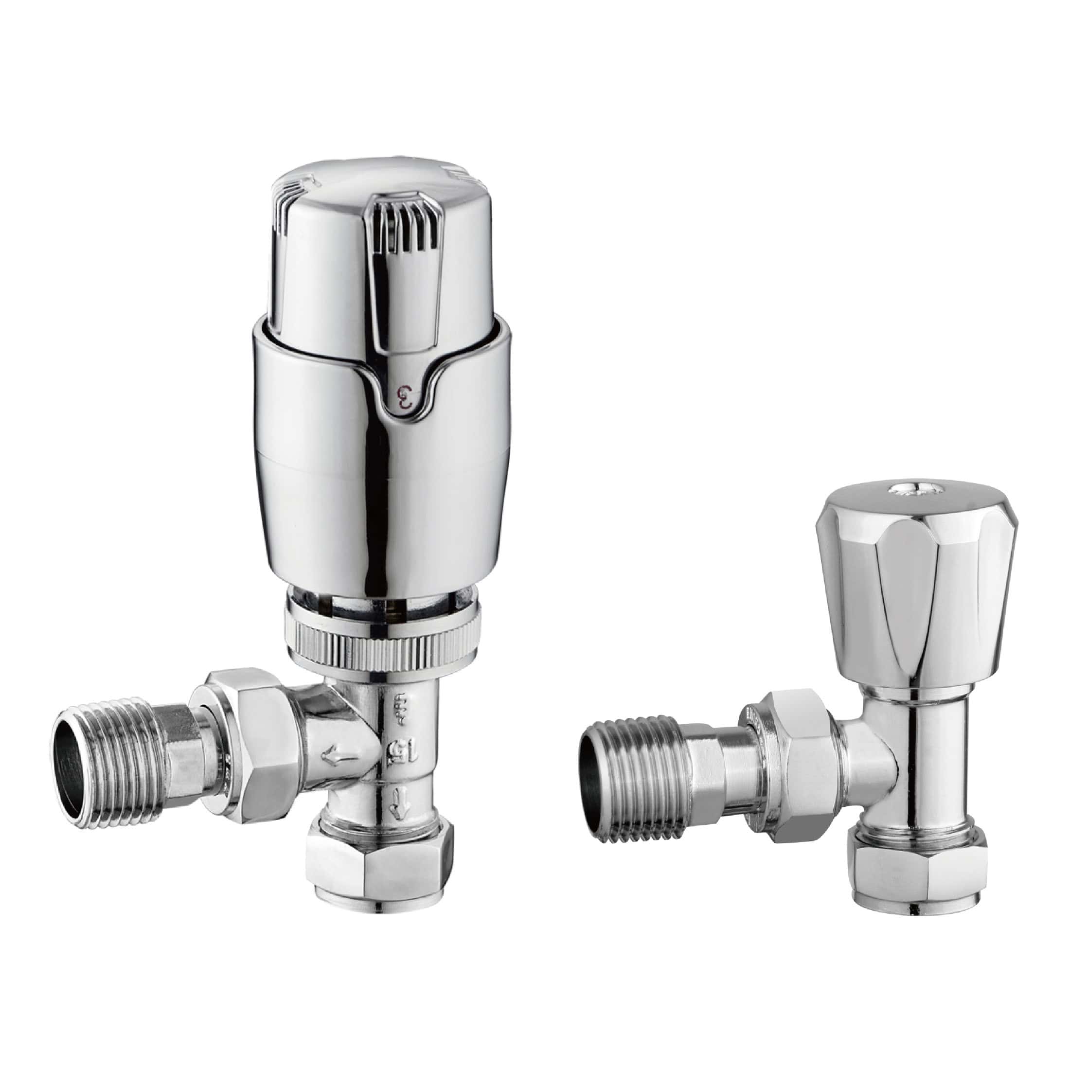 Brass radiator valves with chrome finish, thermostatic and manual control options for bathroom heating systems. Ideal for modern bathroom decoration and efficient temperature regulation.