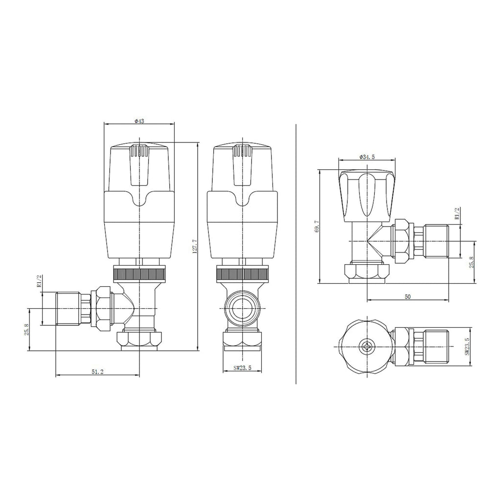 High-quality plumbing valve technical drawing showing detailed dimensions and specifications for bathroom installation from Bubly Bathrooms.