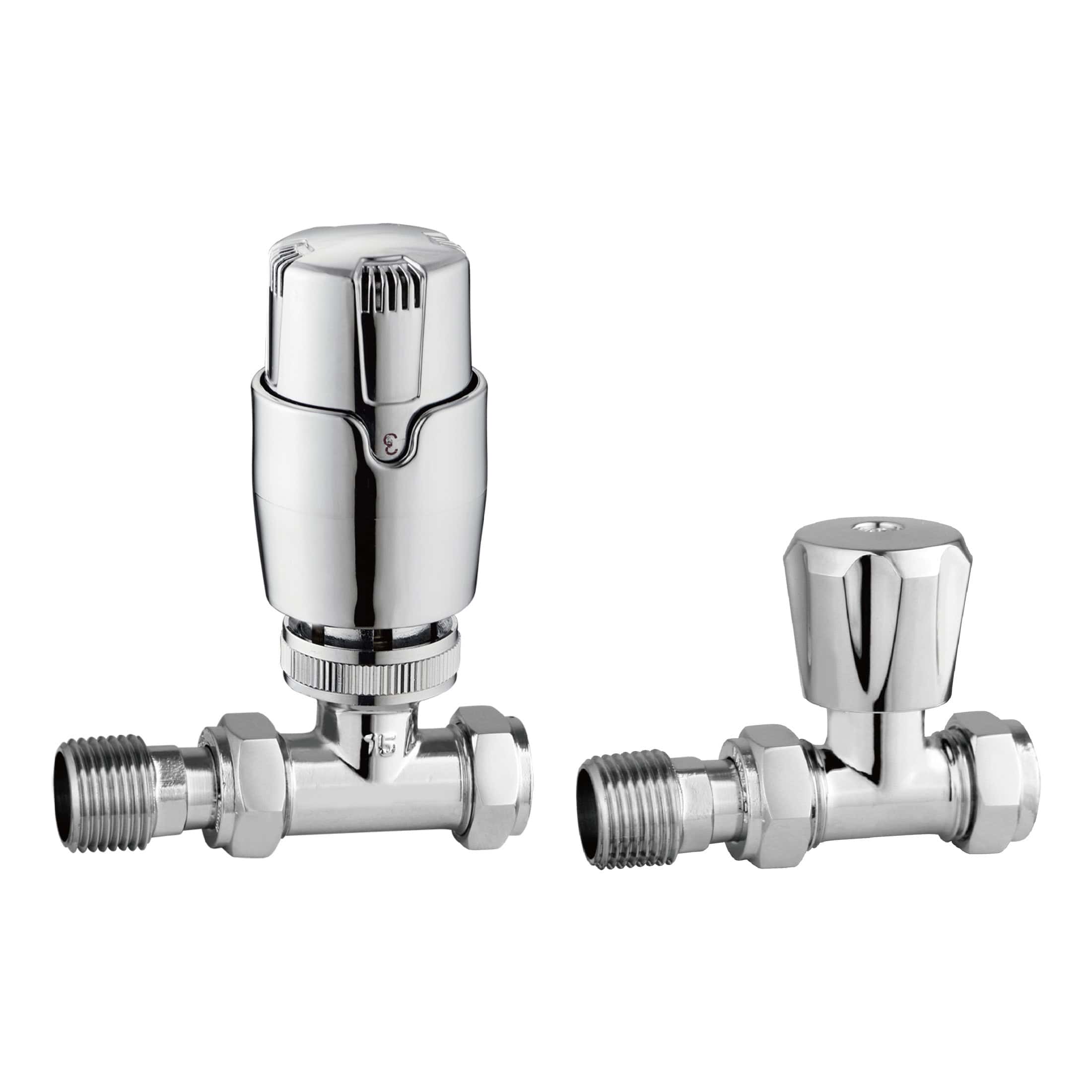 Shiny chrome radiator thermostatic valves for bathroom heating, adjustable radiator control elements for enhanced temperature regulation and energy efficiency.