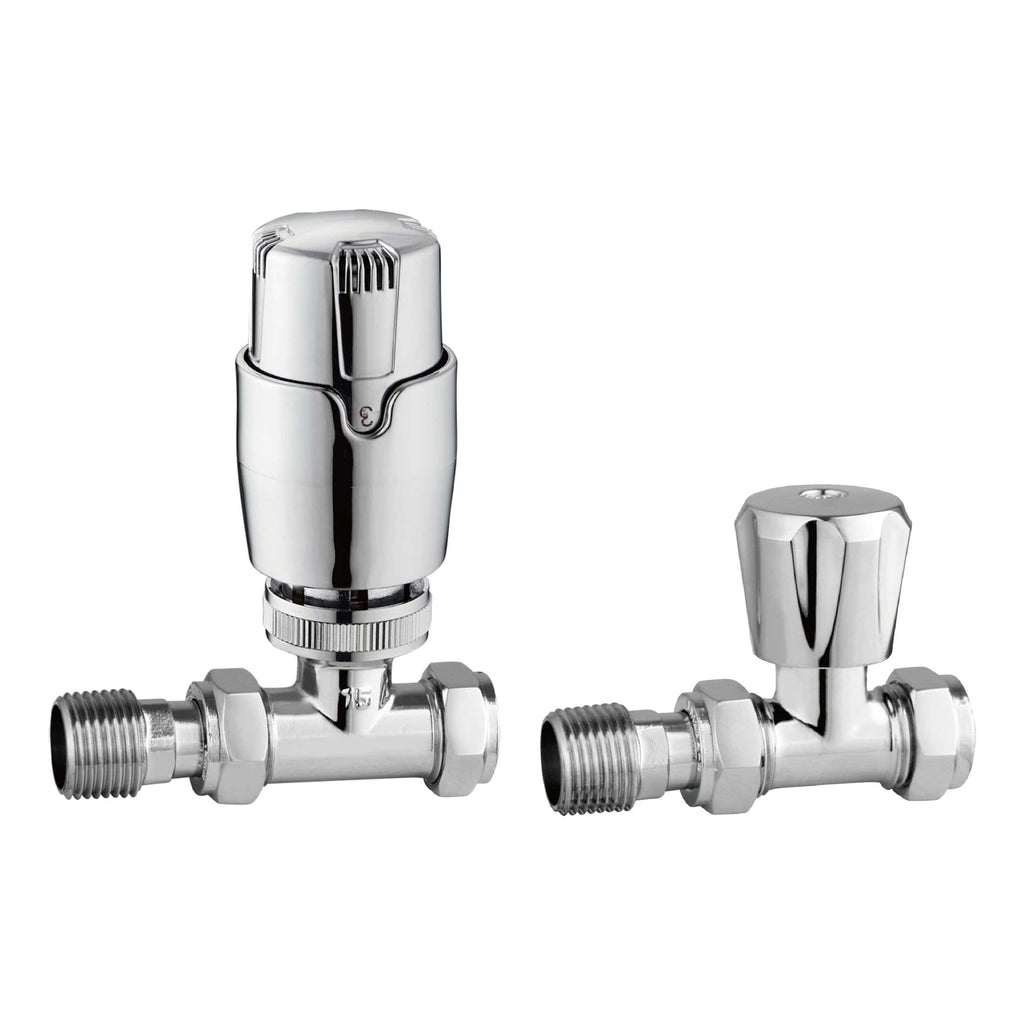 Shiny chrome radiator thermostatic valves for bathroom heating, adjustable radiator control elements for enhanced temperature regulation and energy efficiency.