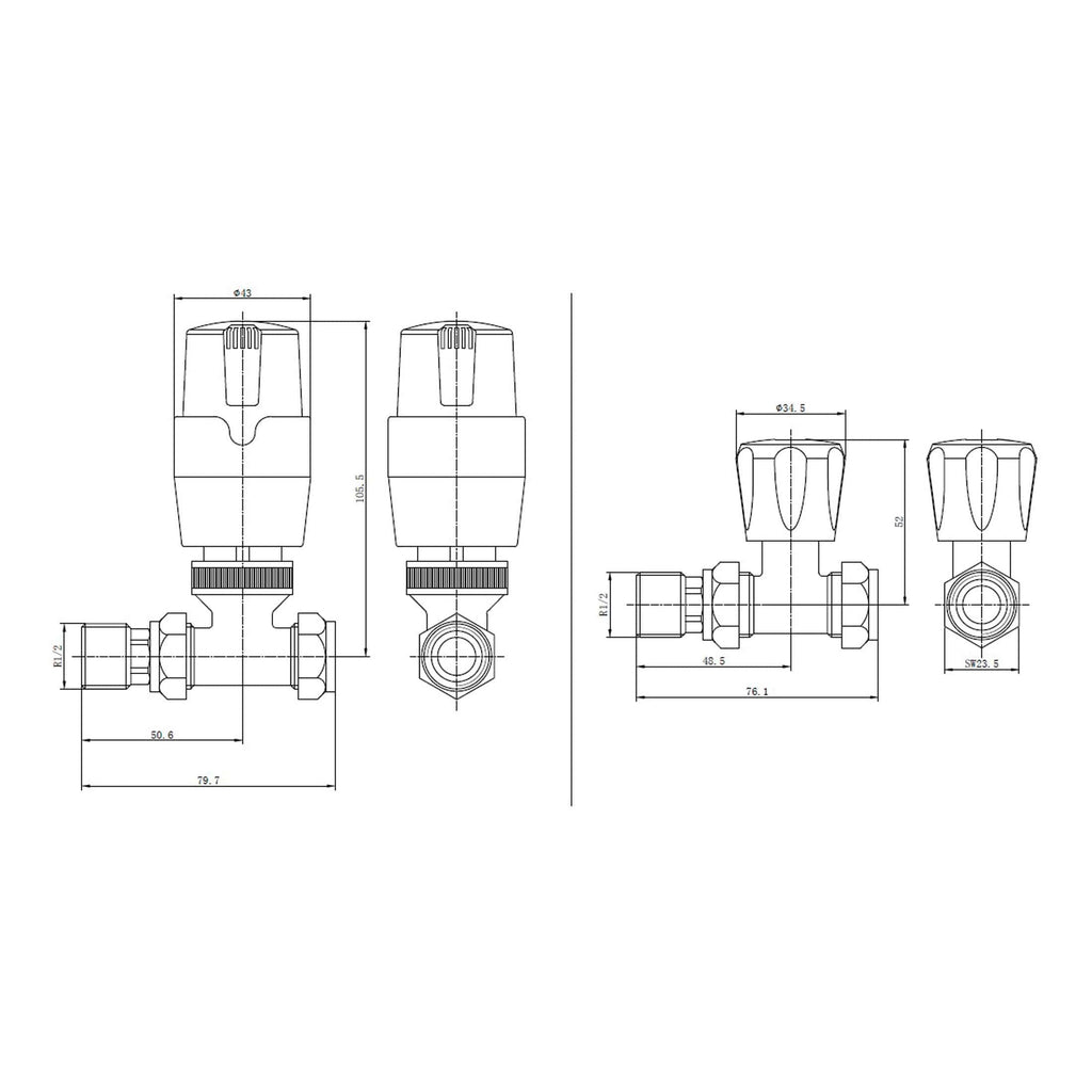 High-quality radiator valves with detailed technical drawing, showcasing dimensions and design features for bathroom installation. Suitable for modern Bubly bathroom heating systems.