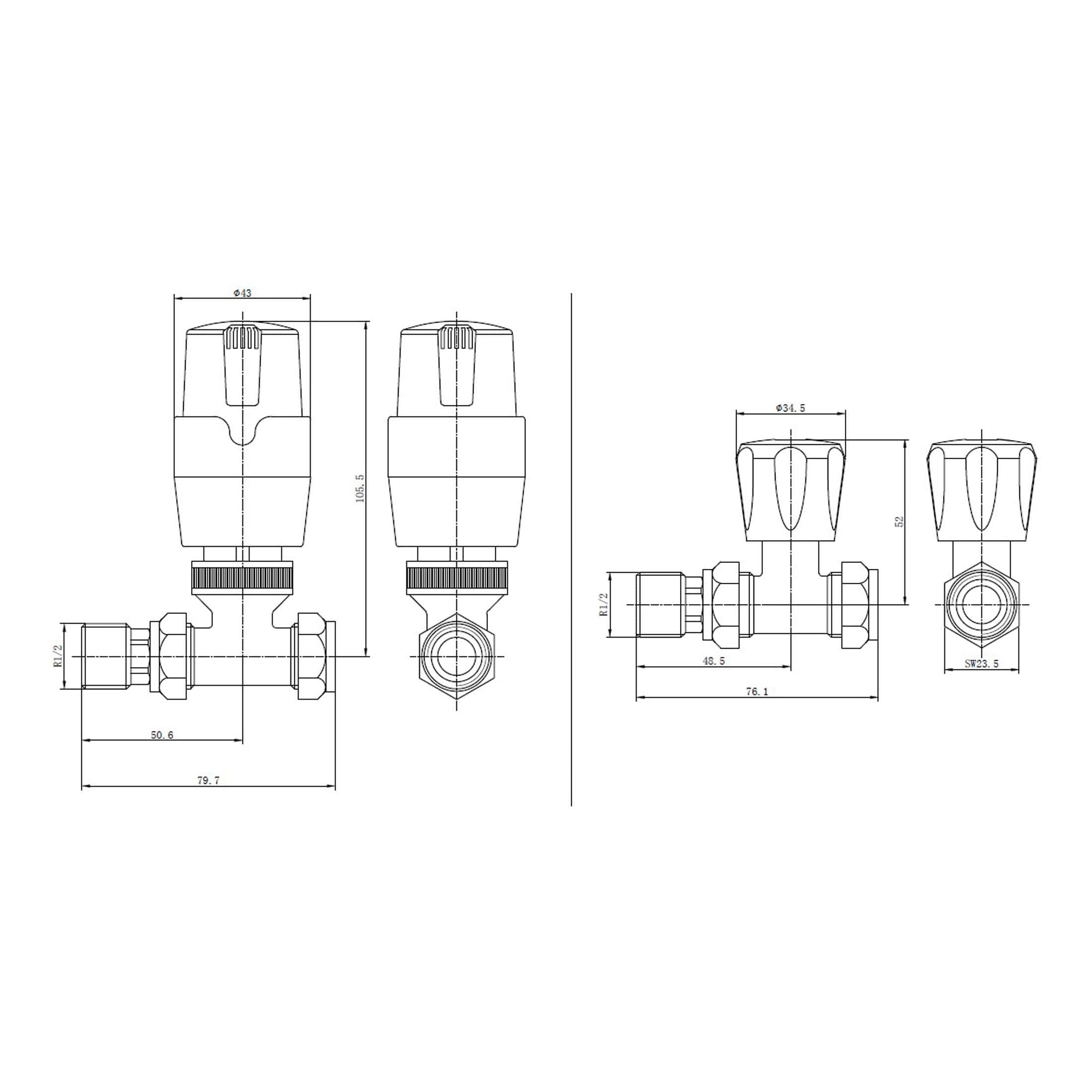 High-quality radiator valves with detailed technical drawing, showcasing dimensions and design features for bathroom installation. Suitable for modern Bubly bathroom heating systems.