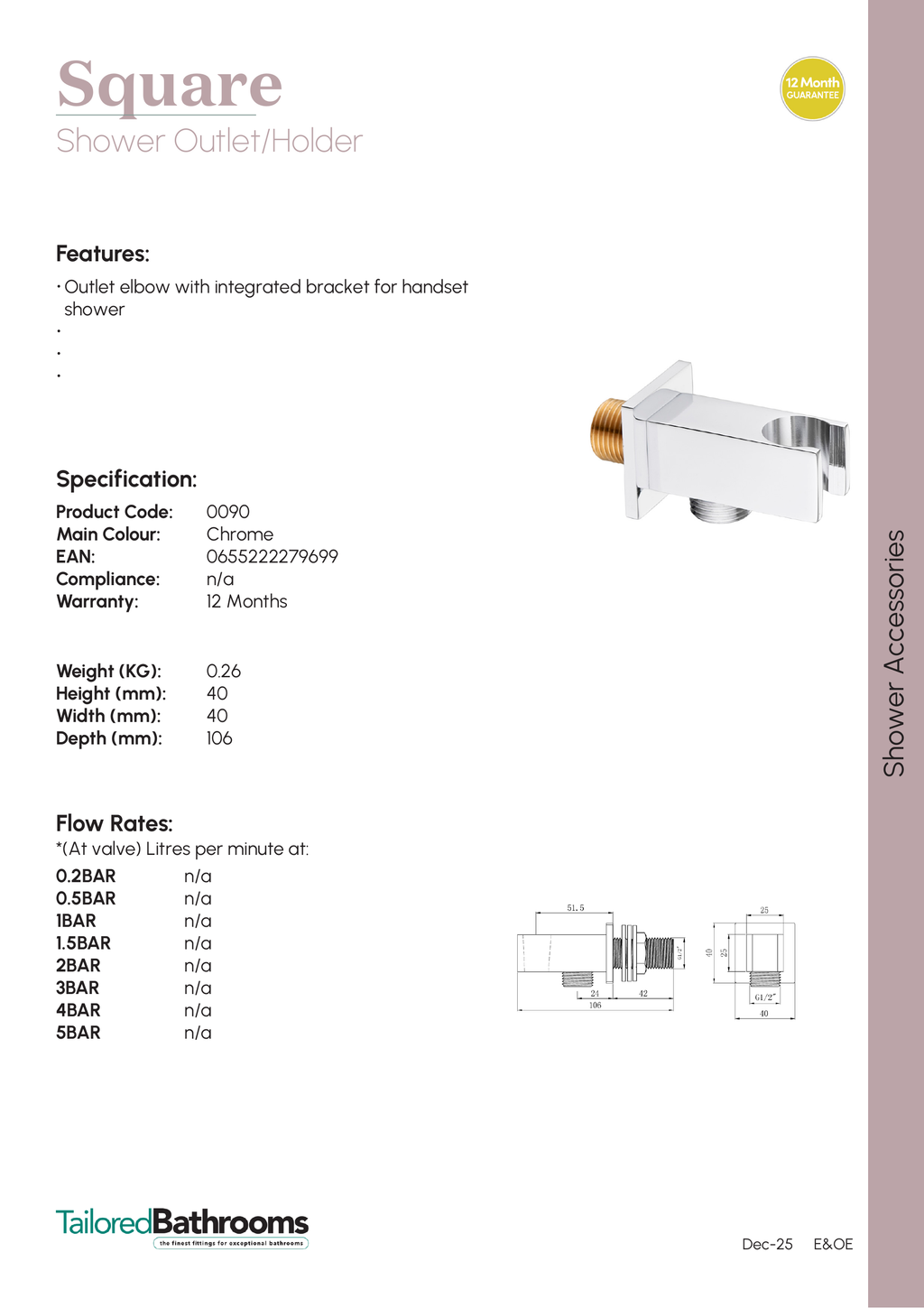 Tailored Square Shower Wall Outlet Elbow With Holder - Chrome - specification sheet with technical drawing and dimensions