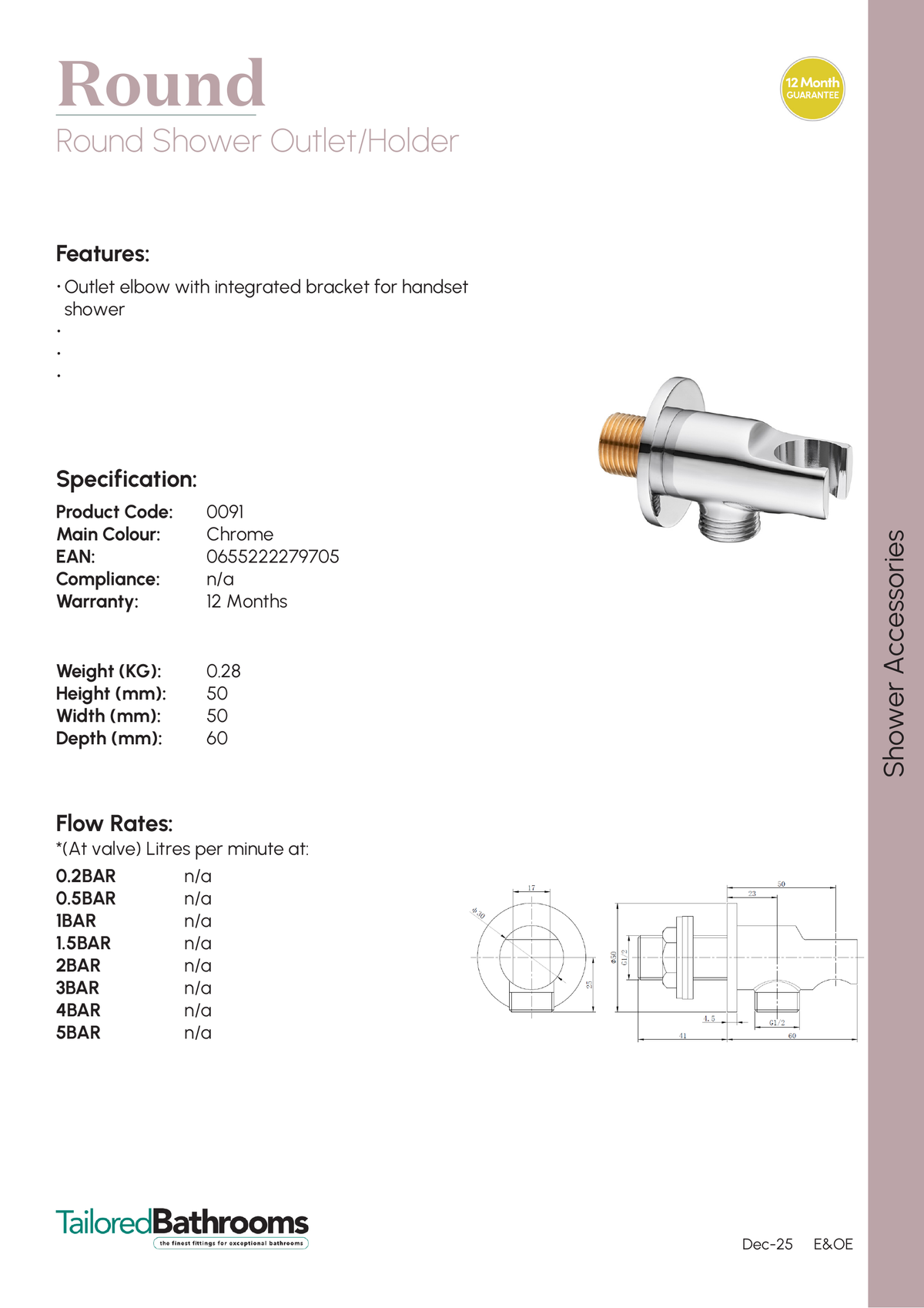 Tailored Round Shower Wall Outlet Elbow With Holder - Chrome - specification sheet with technical drawing and dimensions