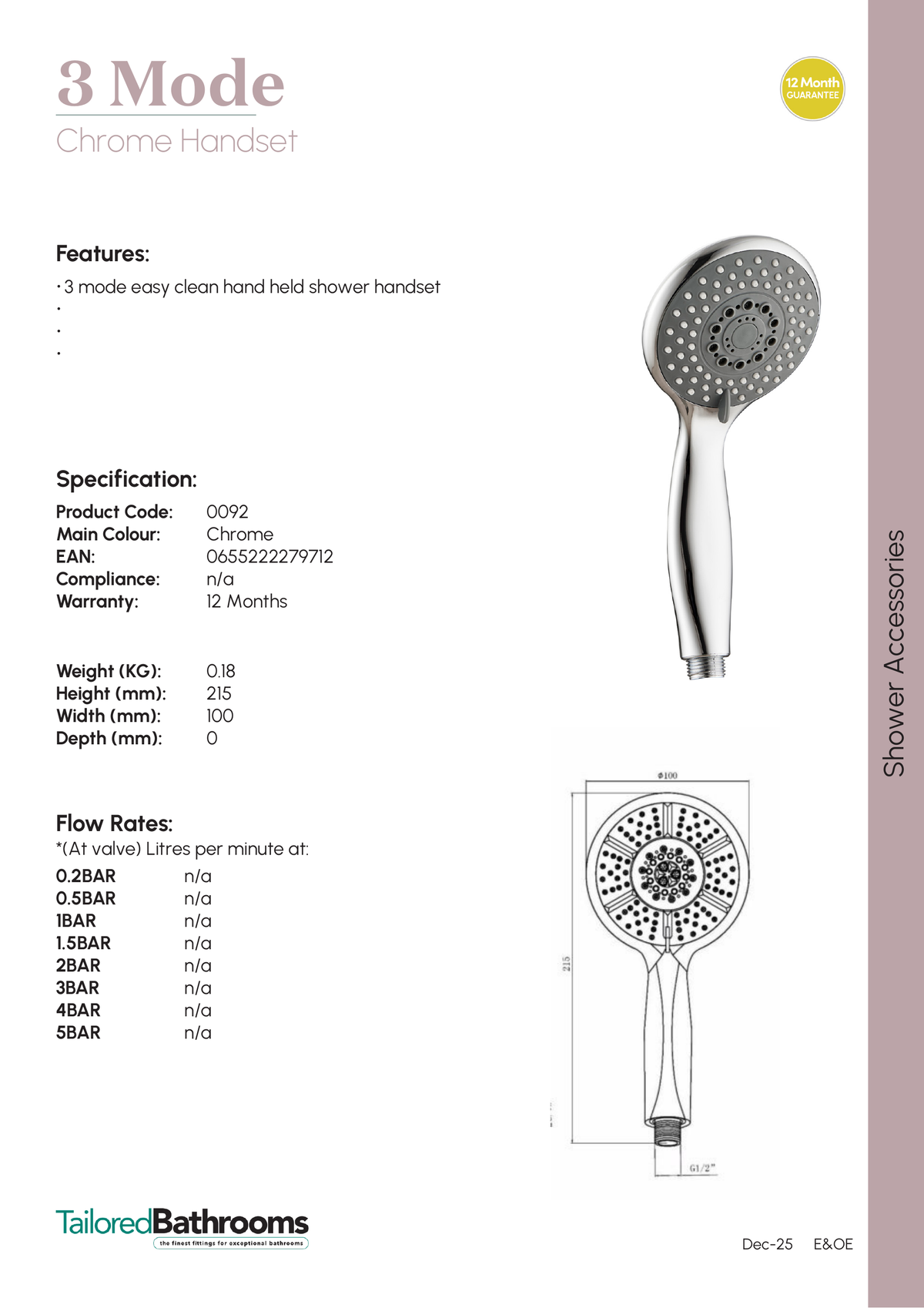 Tailored 3 Function Shower Handset - Chrome - specification sheet with technical drawing and dimensions