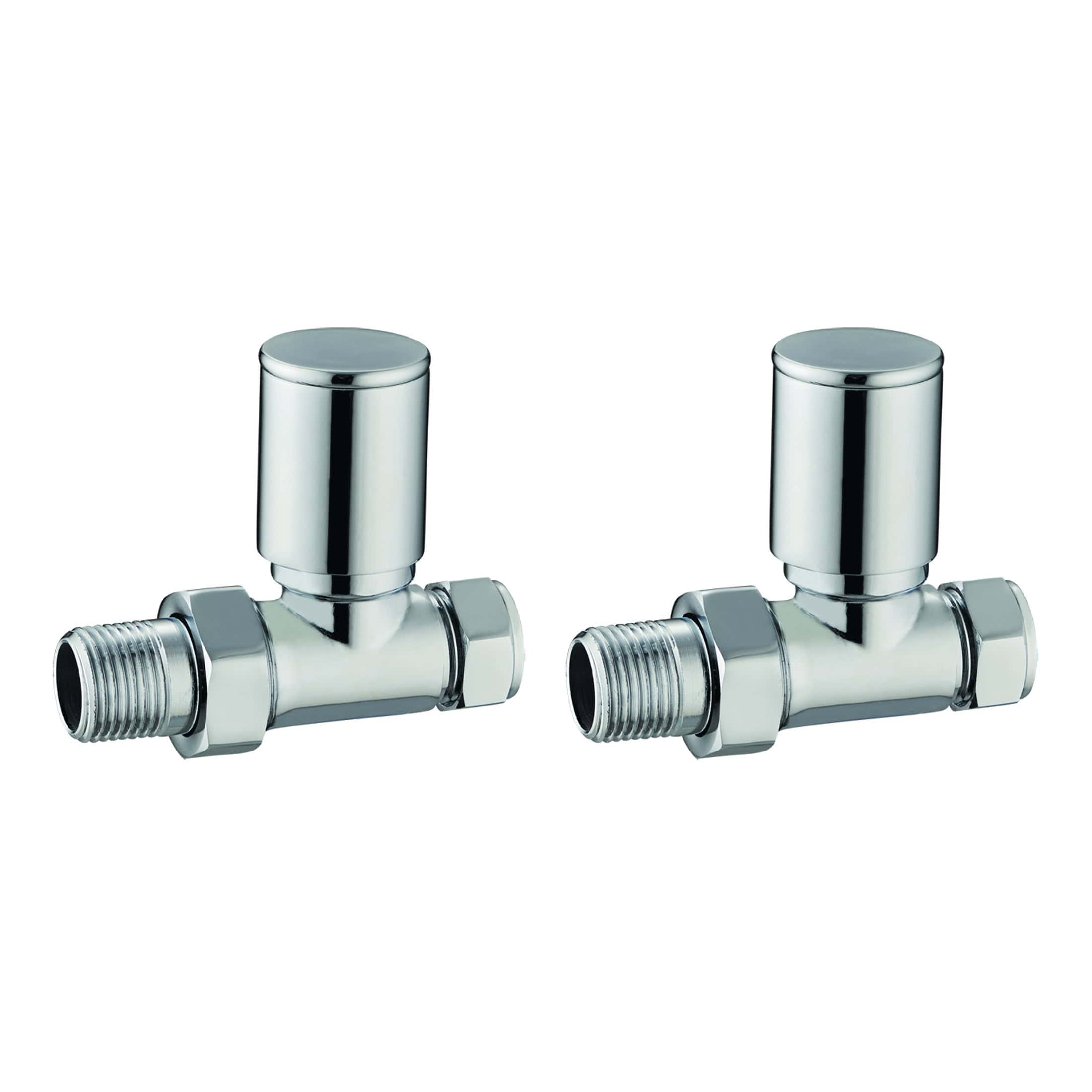 Polished chrome radiator valve pair, ideal for bathroom heating systems, with easy-to-use manual control, durable construction, and smooth finish for modern bathroom decor.