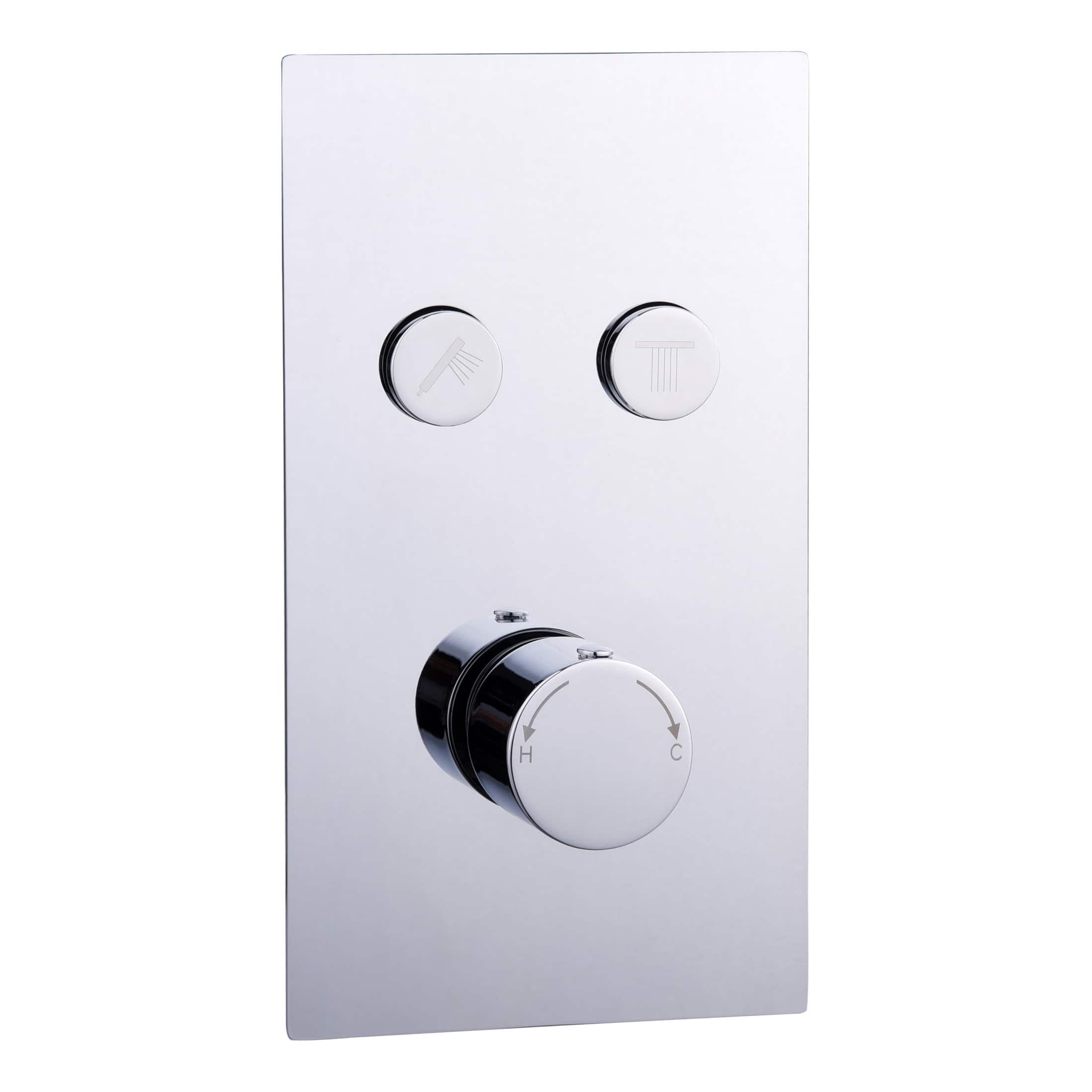 Sleek modern shower control panel with chrome finish, featuring temperature and water flow dials for a luxury bathroom experience.