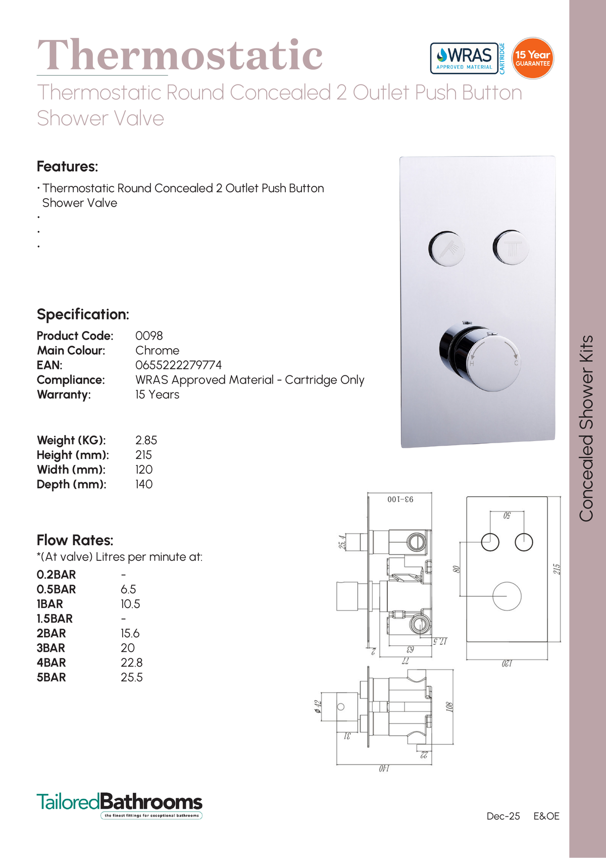 Tailored Thermostatic Round Push Button 2 Outlet Concealed Shower Valve - Chrome - specification sheet with technical drawing and dimensions