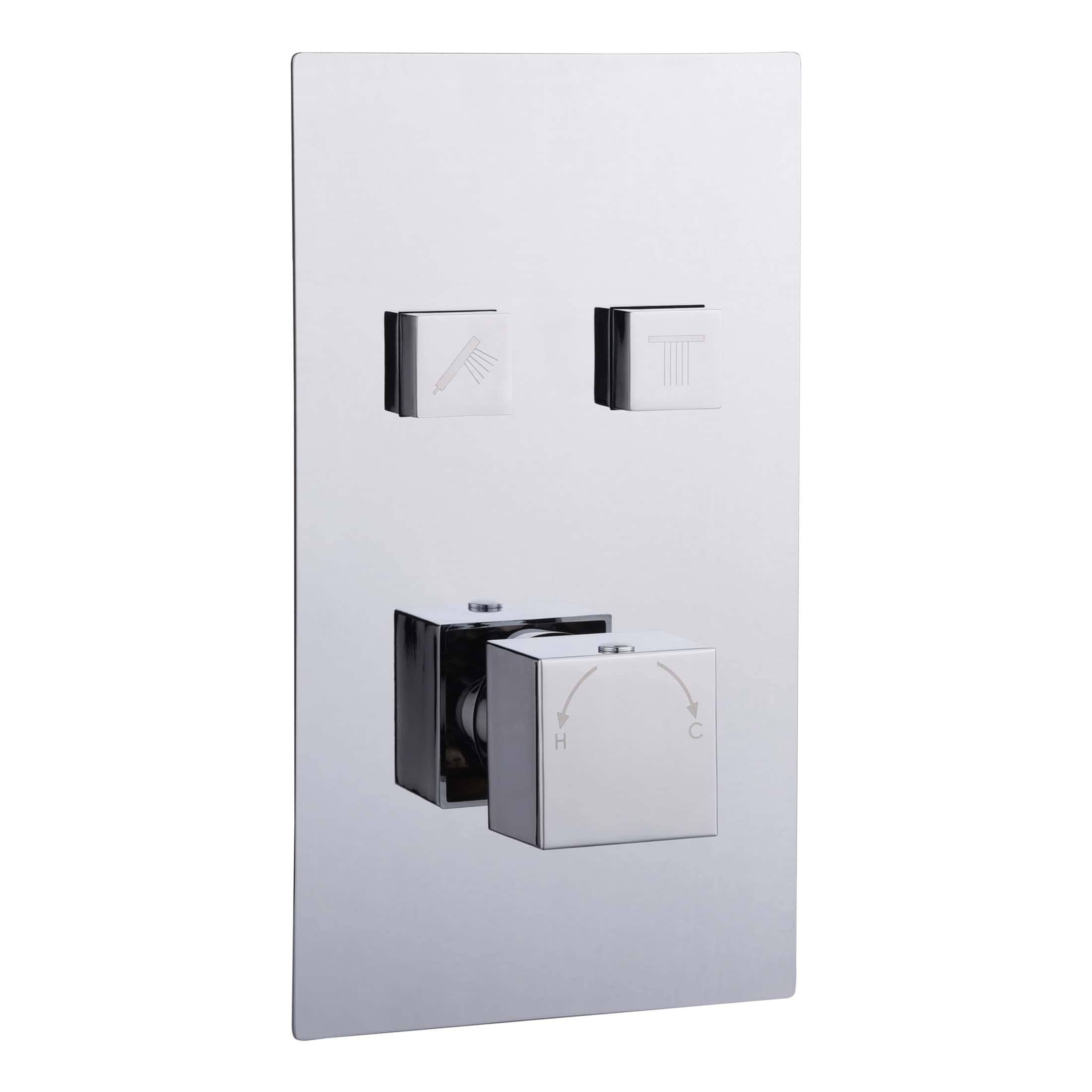 Shower control panel with chrome finish and modern design, featuring temperature and water pressure knobs for stylish and functional bathroom upgrades.