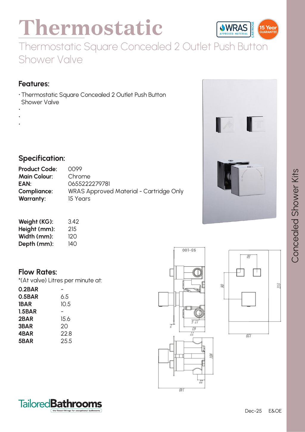Tailored Thermostatic Square Push Button 2 Outlet Concealed Shower Valve - Chrome - specification sheet with technical drawing and dimensions