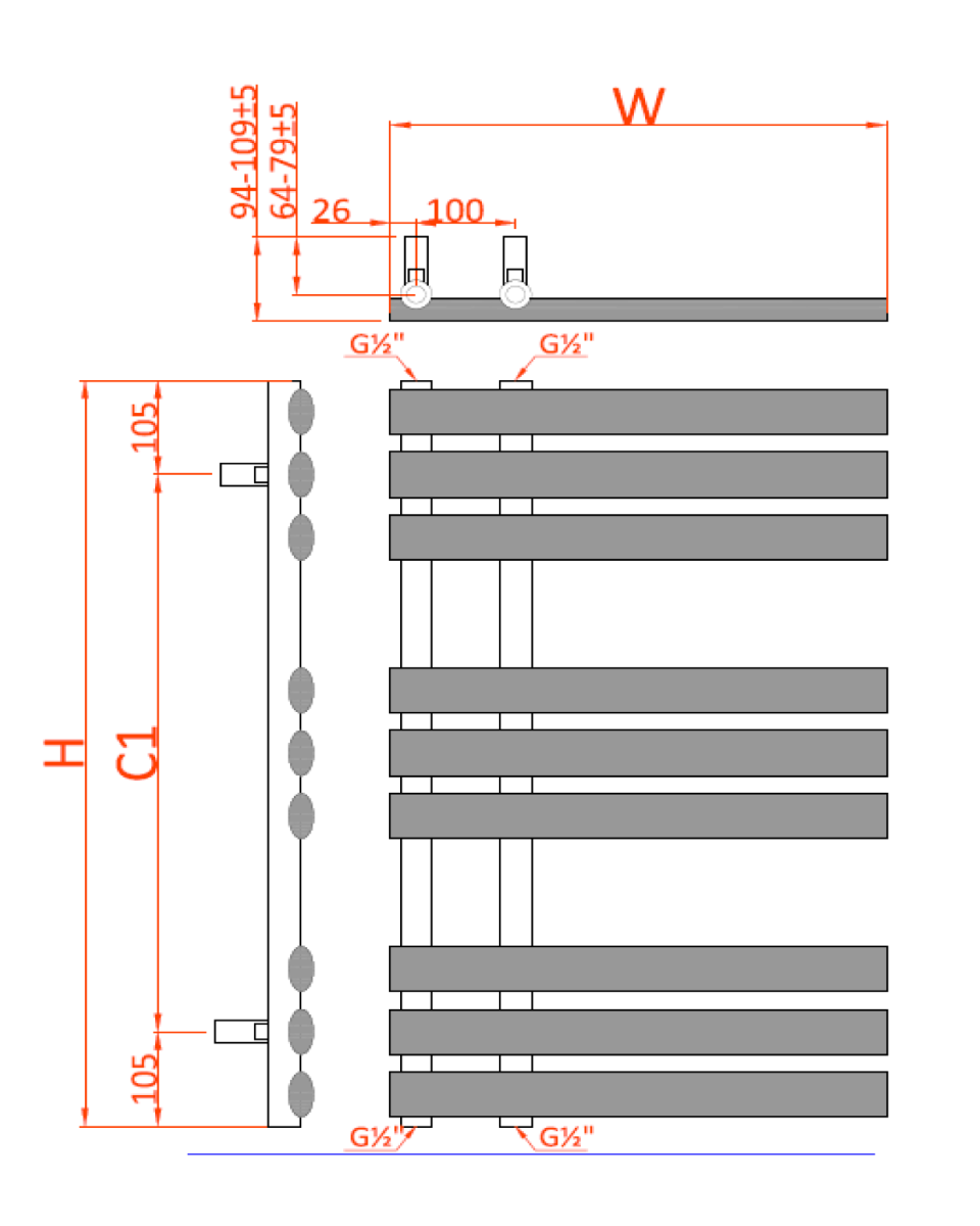 Reina Chisa White Heated Towel Rail - technical drawing with dimensions