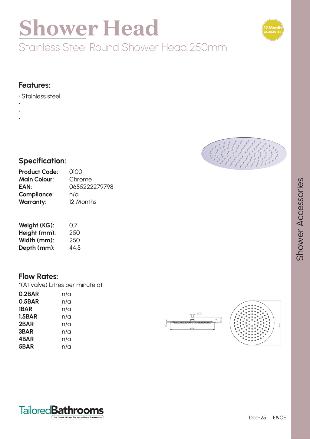 Tailored Round Stainless Steel Shower Head - 250mm X 250mm - specification sheet with technical drawing and dimensions