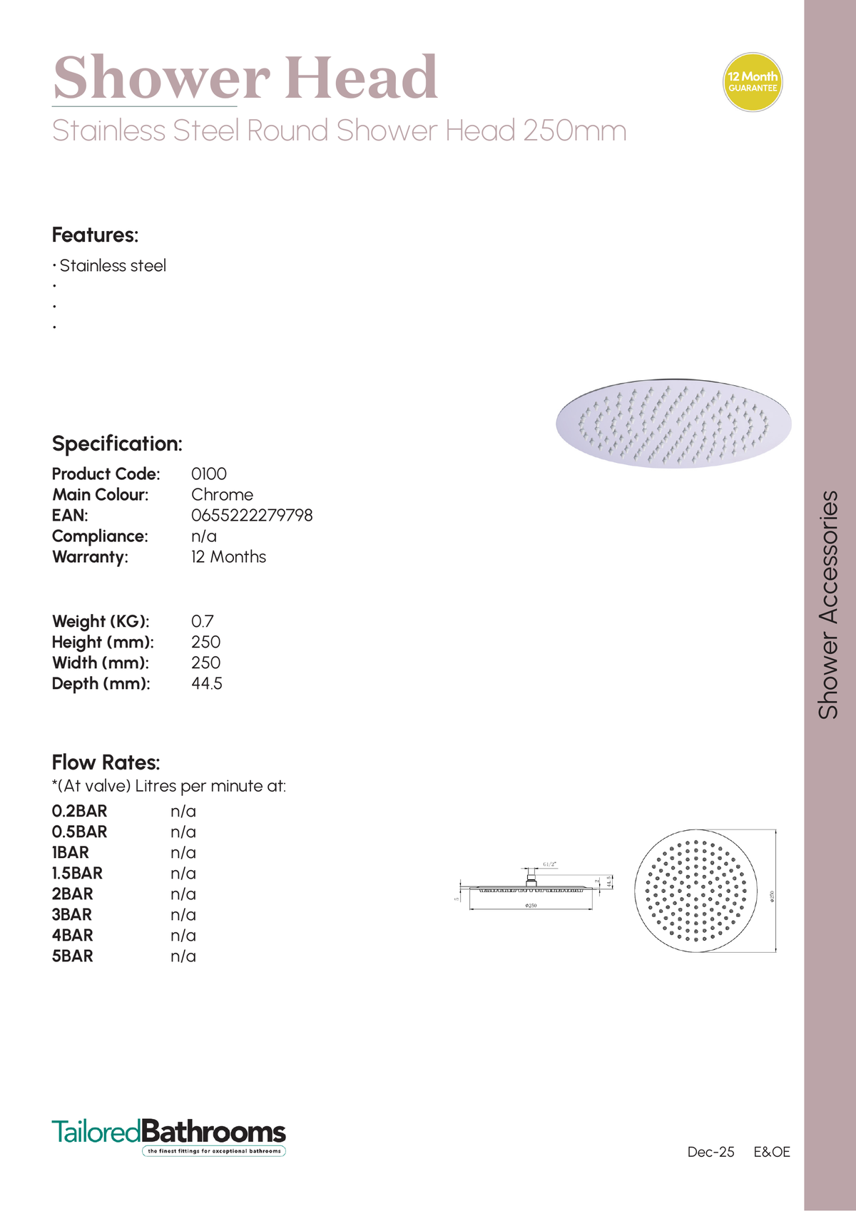 Tailored Round Stainless Steel Shower Head - 250mm X 250mm - specification sheet with technical drawing and dimensions