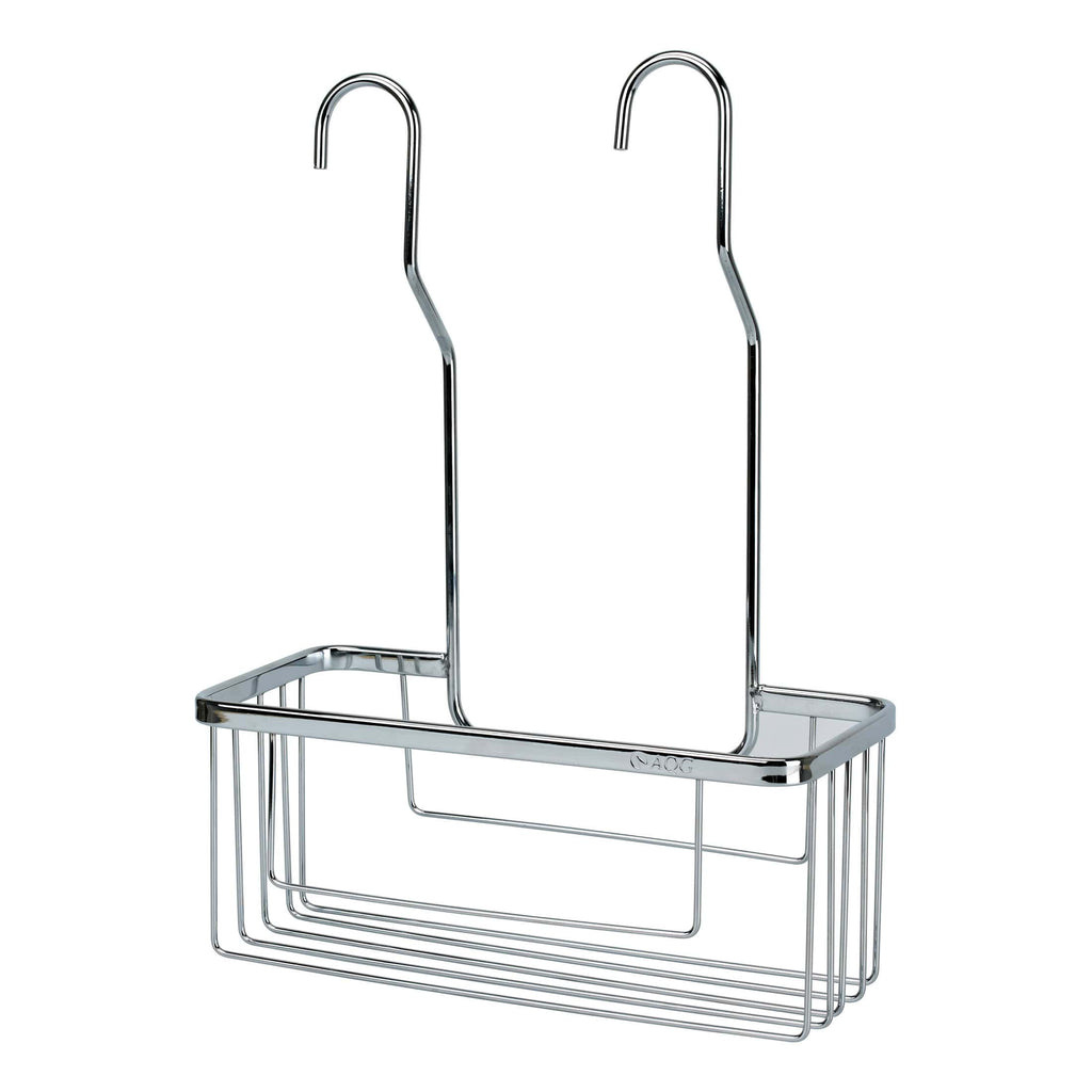Shower basket with two hooks, chrome finish, ideal for bathroom organisation and storage of shower essentials. Durable, rust-resistant metal design for modern bathroom decor.