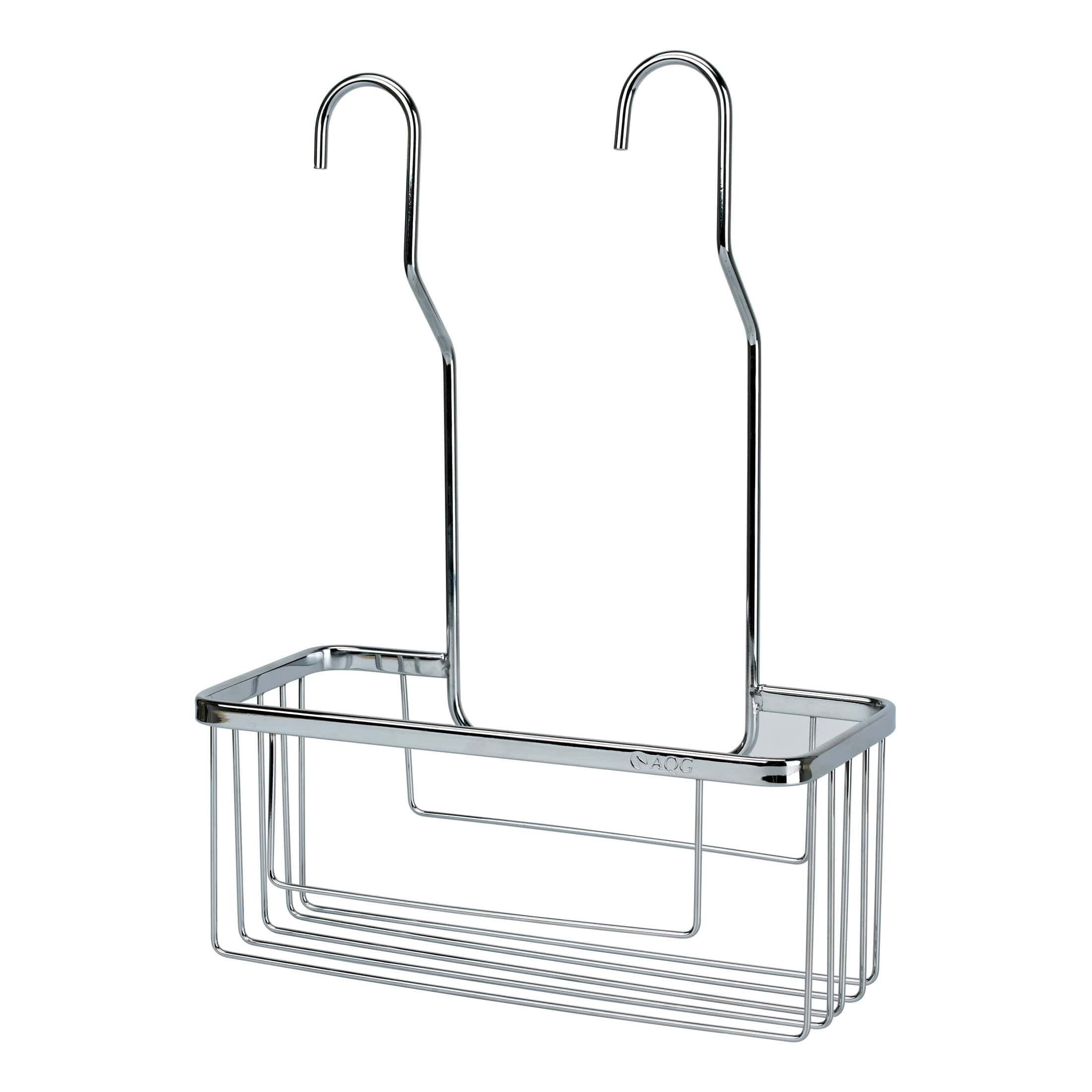 Shower basket with two hooks, chrome finish, ideal for bathroom organisation and storage of shower essentials. Durable, rust-resistant metal design for modern bathroom decor.