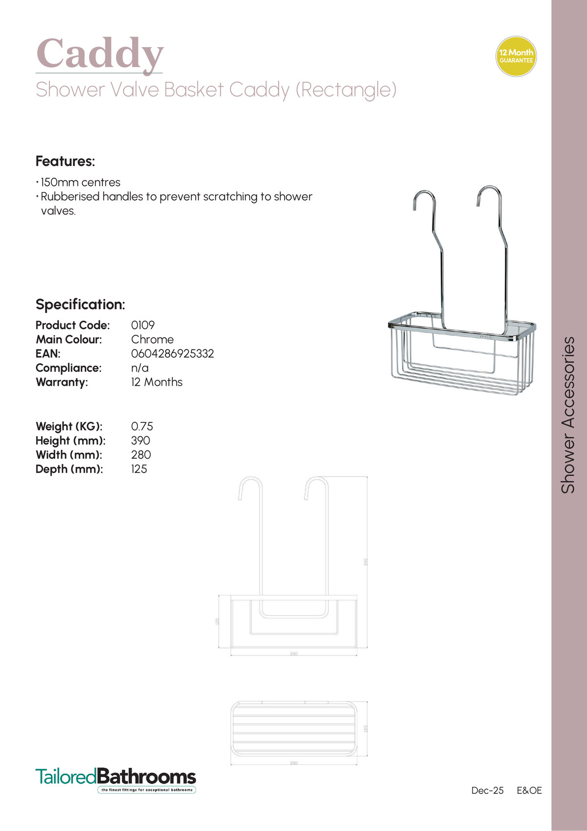 Tailored Shower Valve Basket Caddy - Chrome - 109 - specification sheet with technical drawing and dimensions