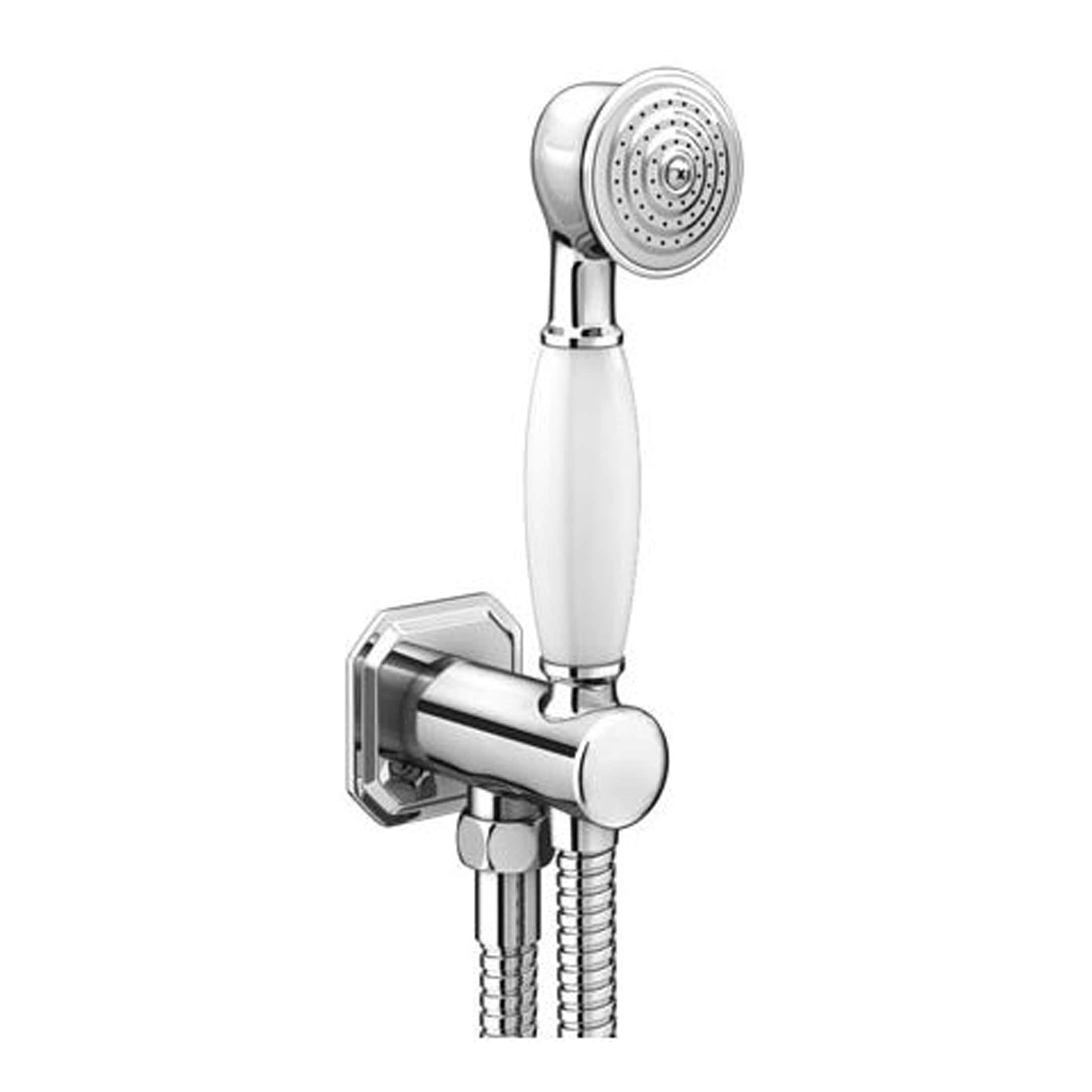 Chrome handheld shower head with wall mounted holder, ideal for modern bathrooms. Stylish and durable bathroom fixture from Bubly Bathrooms.
