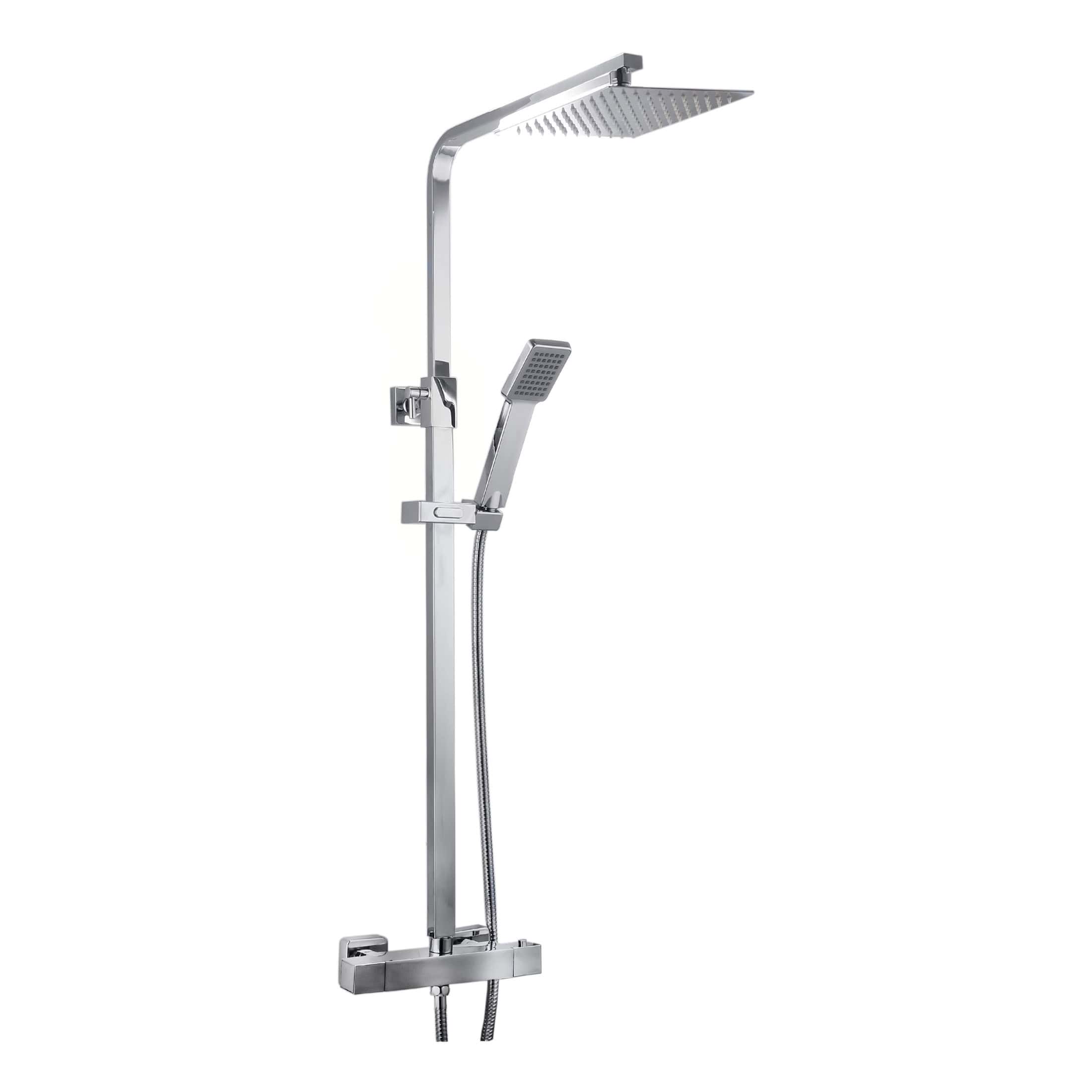 Sleek chrome shower panel with detachable handheld showerhead and large rainfall shower head, perfect for modern bathrooms and luxury shower experiences.