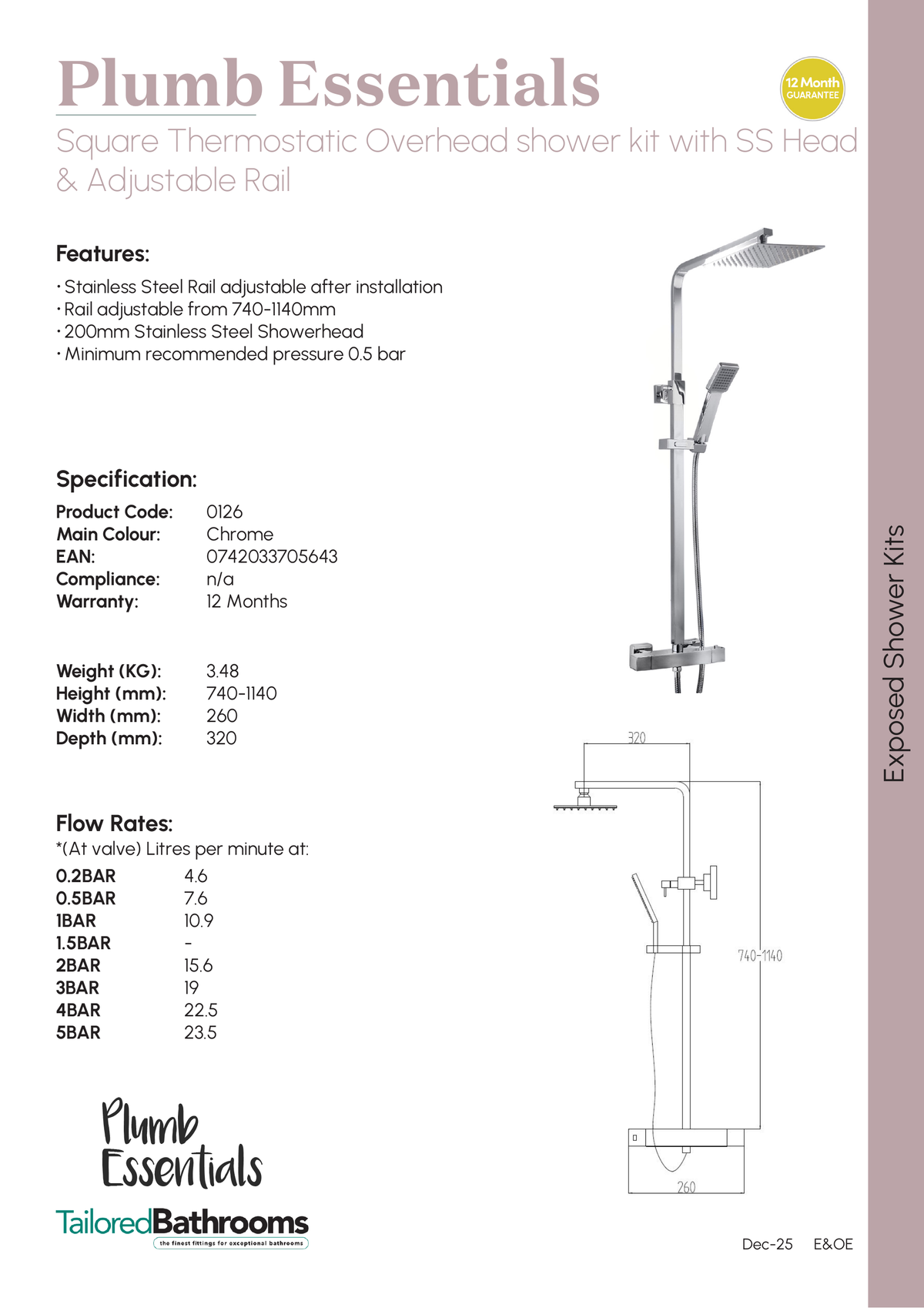 Tailored Plumb Essential Square 2 Outlet Thermostatic Concealed Shower Valve With Overhead Shower Kit - specification sheet with technical drawing and dimensions