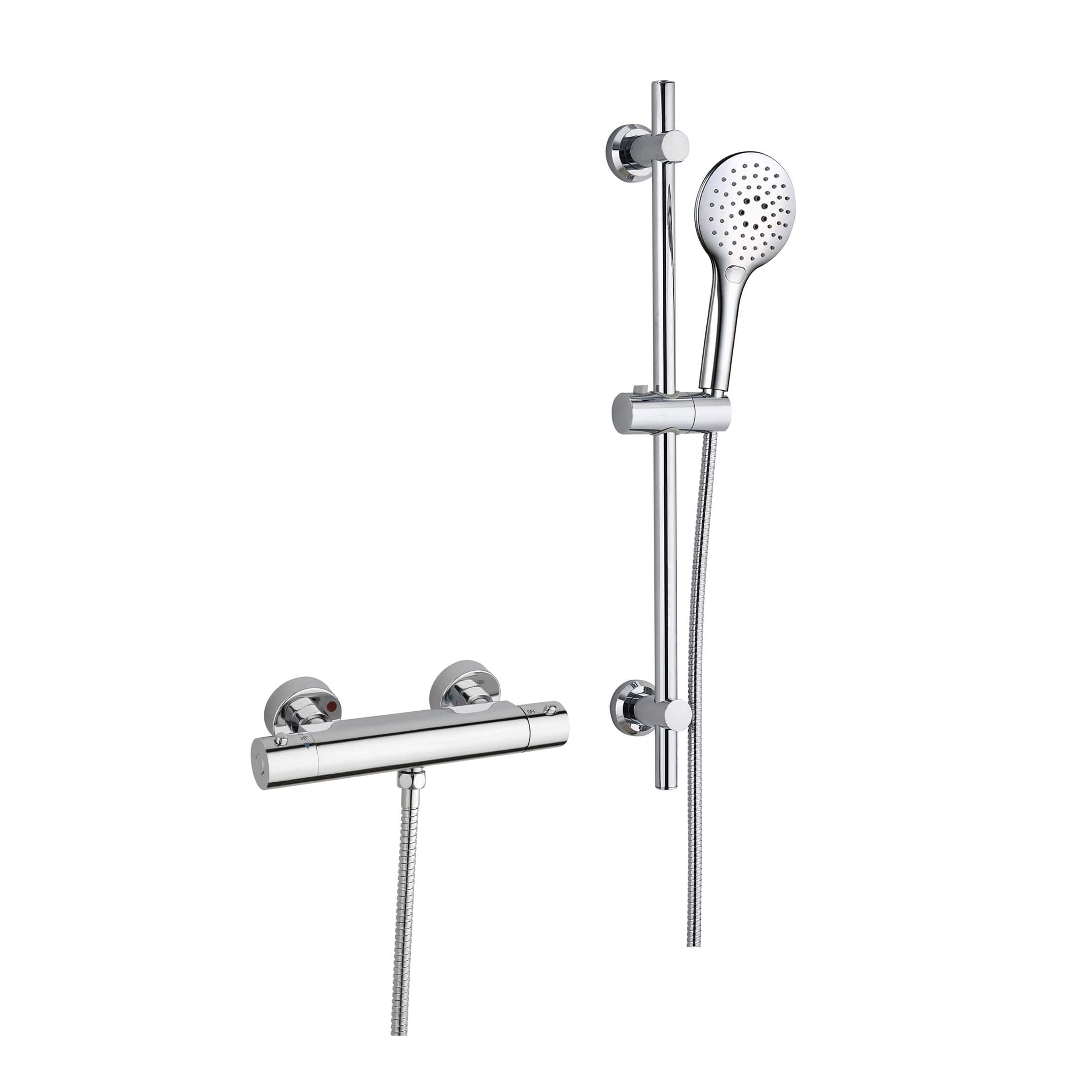 Shower mixer tap with handheld showerhead and adjustable slide rail in chrome finish. Ideal for modern bathroom renovations and efficient water control.