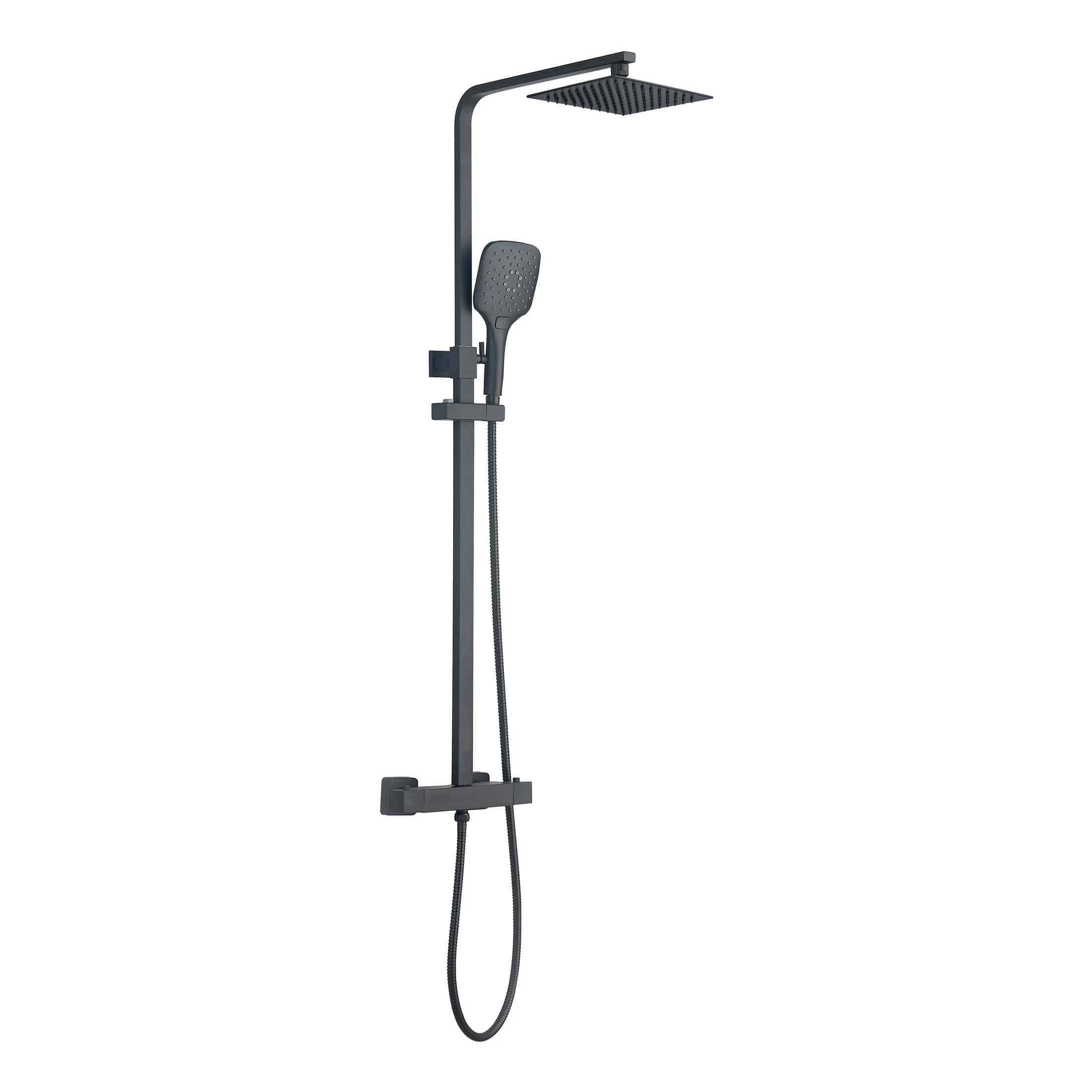 Sleek black rainfall shower with handheld sprayer and adjustable height, ideal for modern bathroom renovations and high-quality Bubly Bathrooms fixtures.