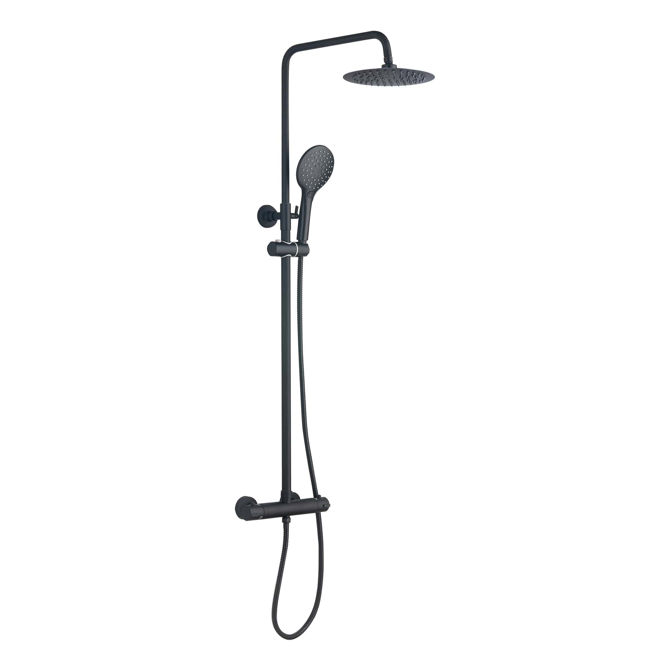 Black modern shower panel with overhead rain shower and handheld spray for bathrooms.