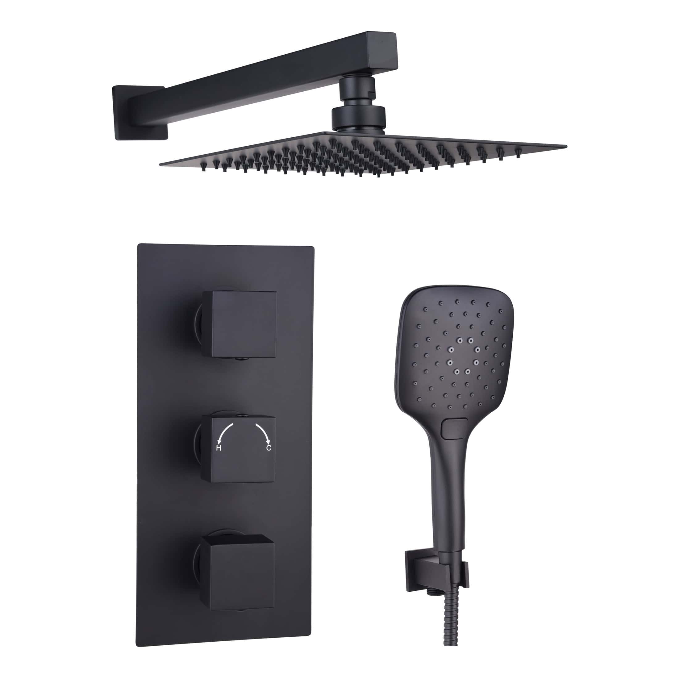 Black rain shower head, thermostatic control panel, and handheld shower for modern bathroom renovation. Complete shower system designed for luxury and functionality in contemporary bathrooms.