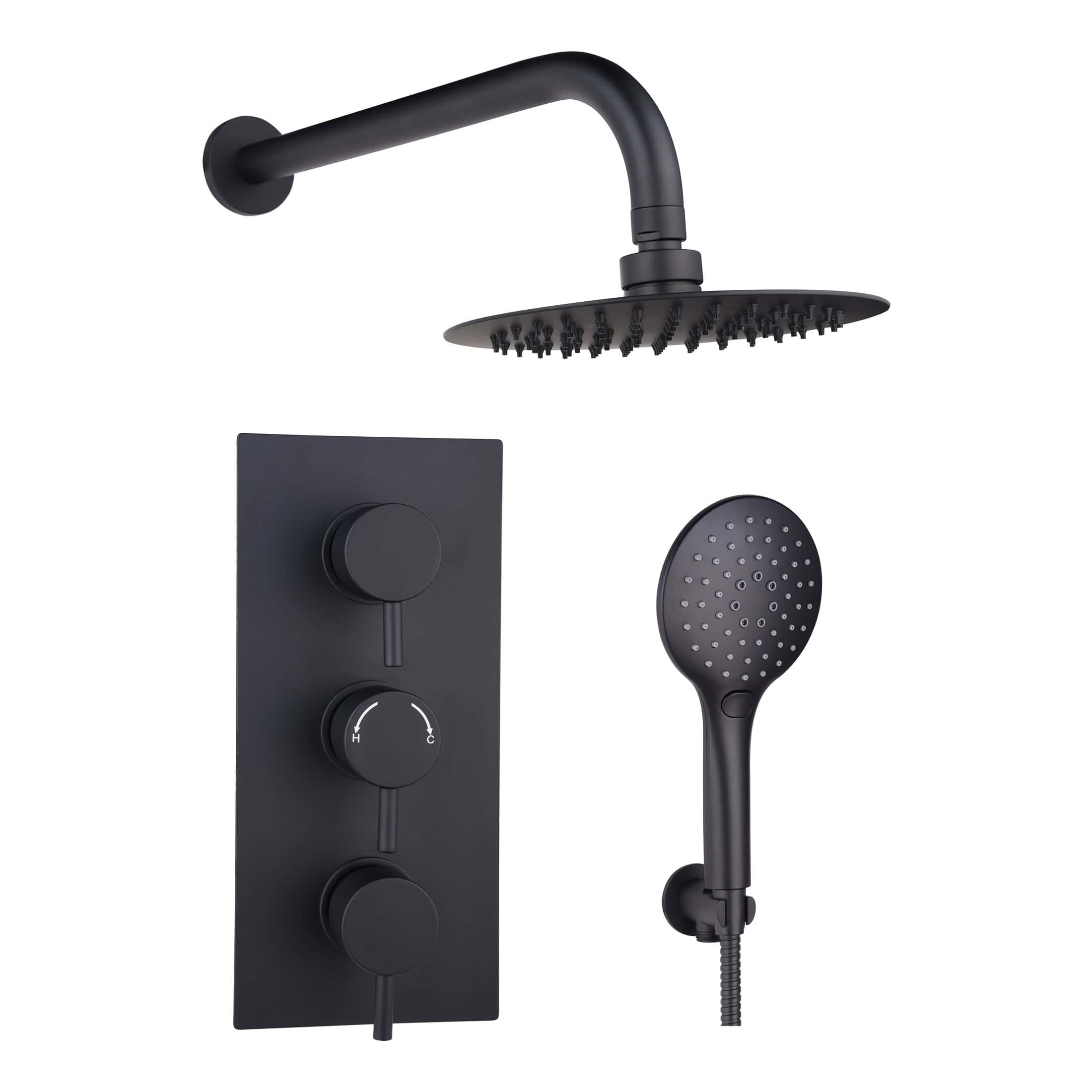 Sleek black rainfall showerhead set with temperature controls and handheld shower for modern Bubly Bathrooms. Perfect for contemporary bathroom upgrade with stylish, functional fixtures.