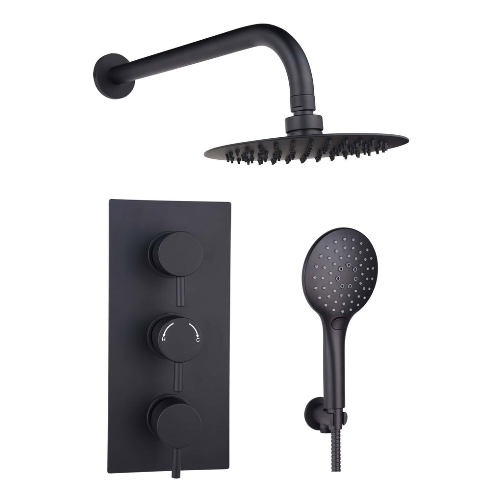 Sleek black rainfall showerhead set with temperature controls and handheld shower for modern Bubly Bathrooms. Perfect for contemporary bathroom upgrade with stylish, functional fixtures.