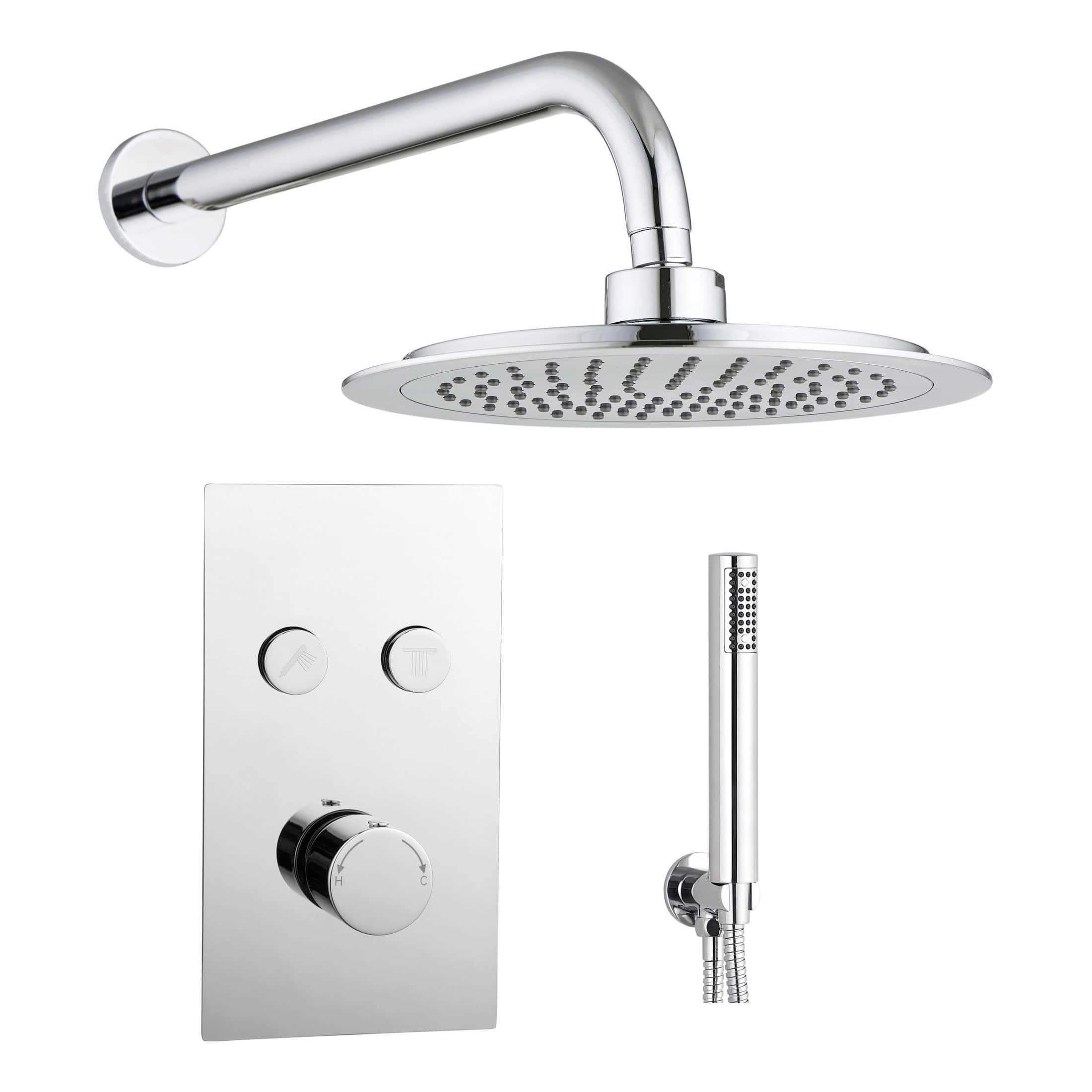 Shiny chrome shower panel with overhead rain shower, handheld showerhead, and adjustable temperature control, perfect for modern bathrooms.