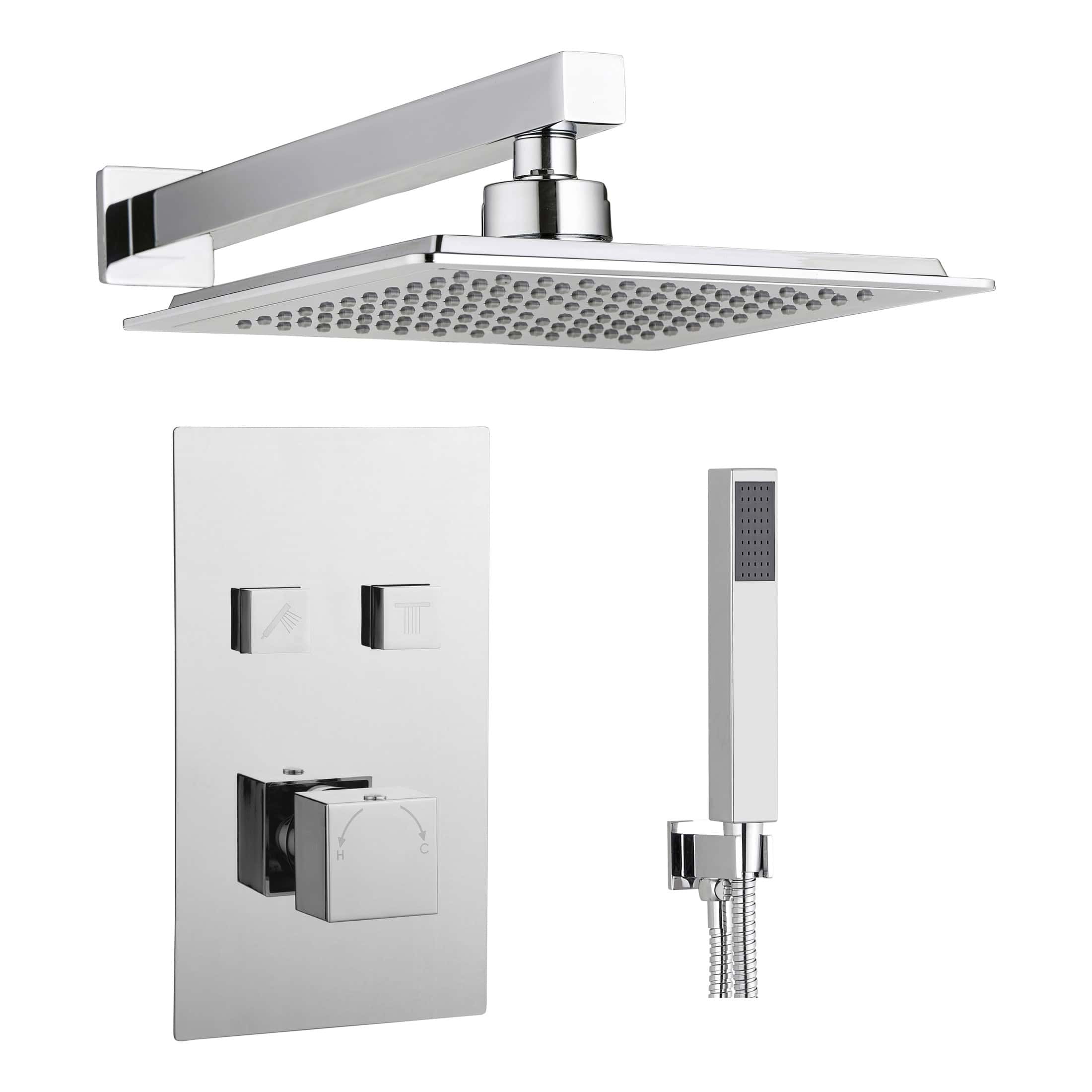 Sleek chrome showerhead with square design for modern bathrooms, thermostatic control panel, and handheld shower attachment for optimal shower experience.