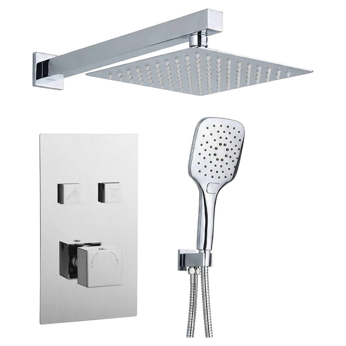 Tailored Square 2 Outlet Twin Push Button Concealed Shower Valve With Overhead Kit - Chrome