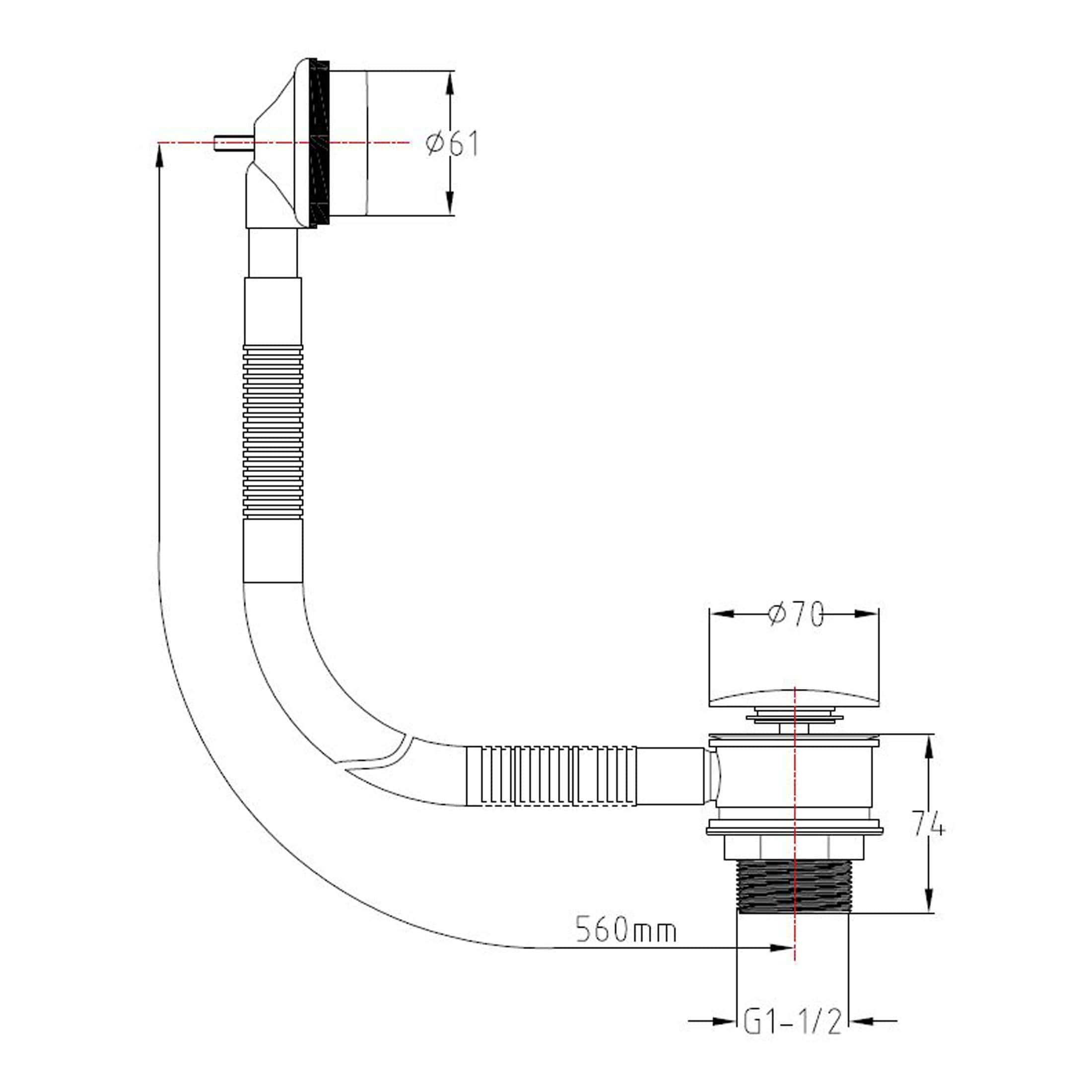 Flexible sink drain pipe with dimensions and adjustable fittings for bathroom plumbing installation.