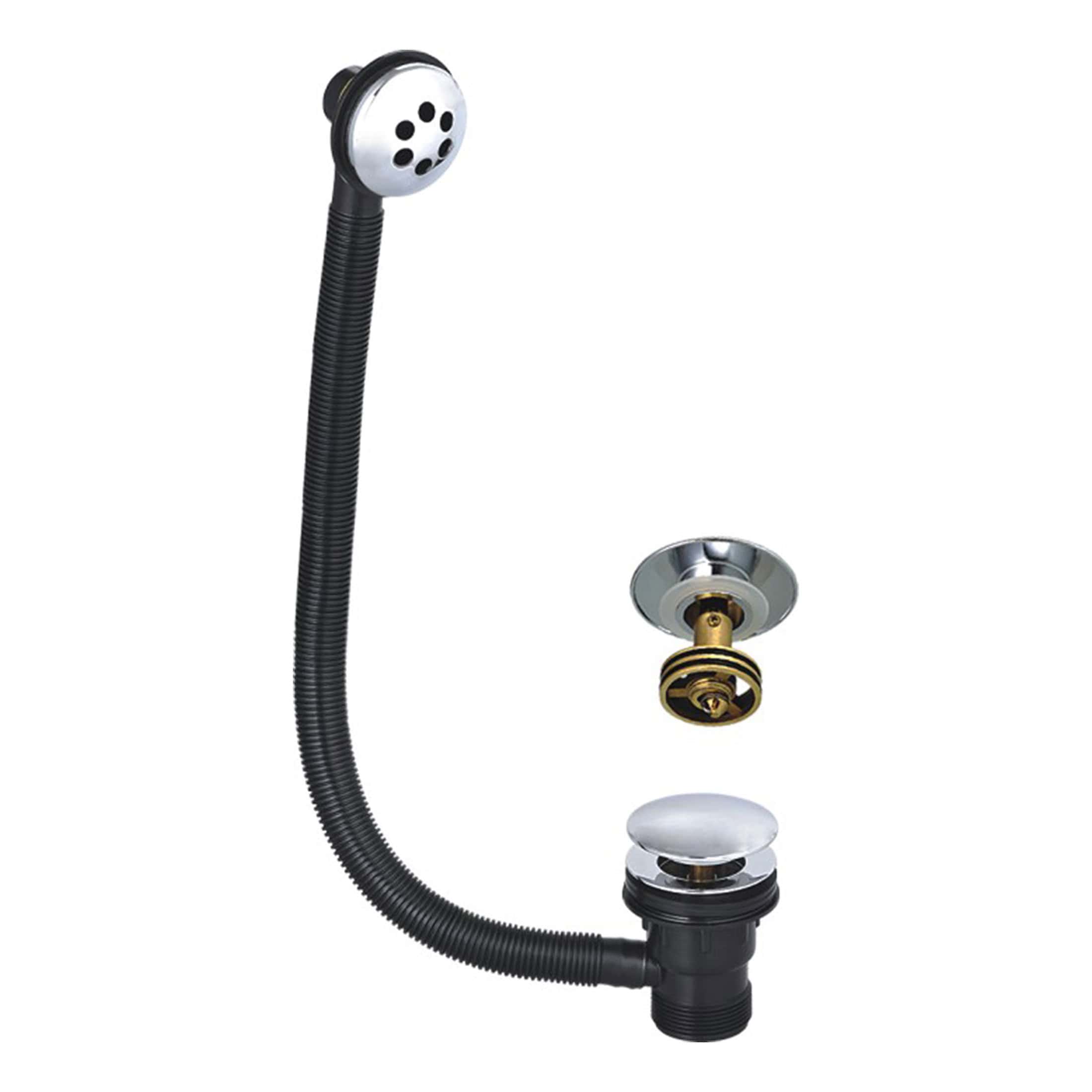 Flexible black bathroom sink waste pipe with chrome 90-degree bend and removable strainer, perfect for modern bathroom installations. Designed for efficient drainage and easy maintenance.