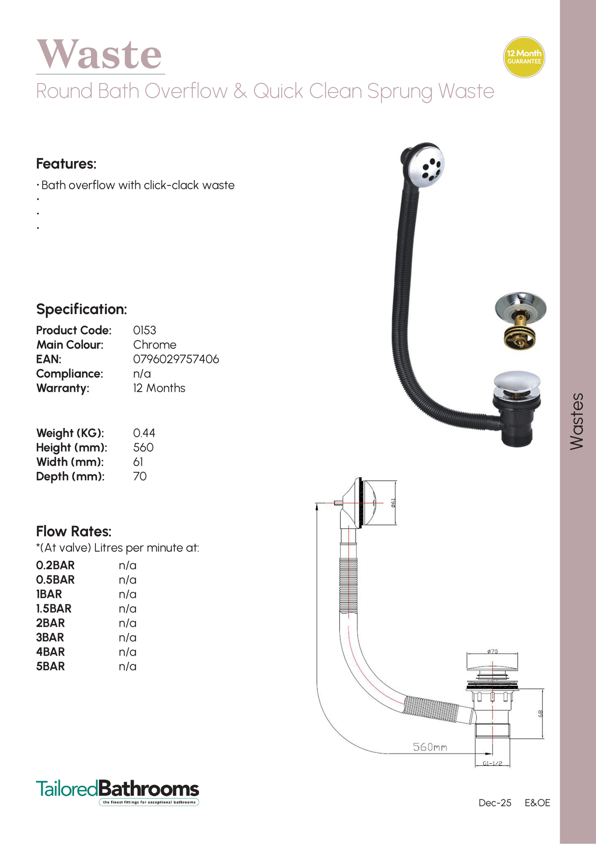 Tailored Round Overflow Bath Filler and Quick Clean Sprung Waste - Chrome - 153 - specification sheet with technical drawing and dimensions