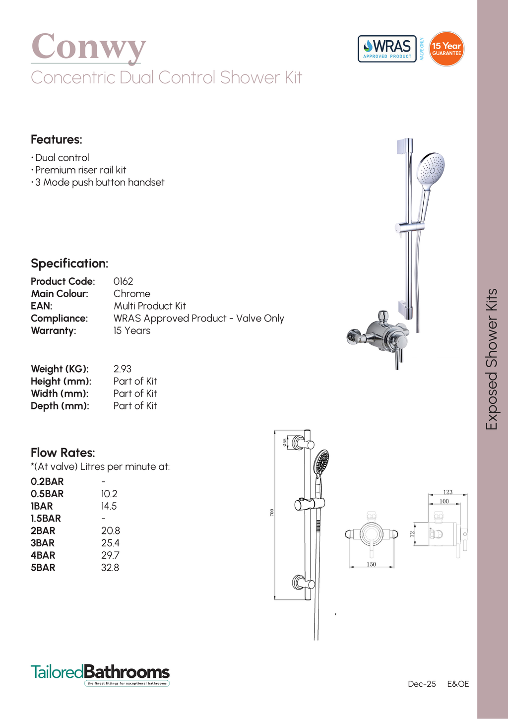 Tailored Conwy Concentric Dual Control Shower Riser Rail Kit - specification sheet with technical drawing and dimensions