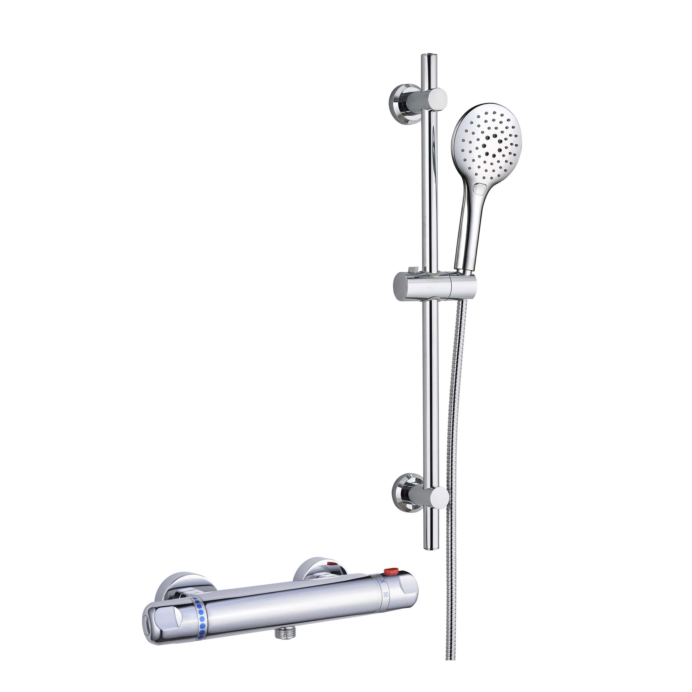 Shower mixer and handheld showerhead with chrome finish, ideal for modern bathroom refurbishment and bathroom accessories from Bubly Bathrooms, UK.