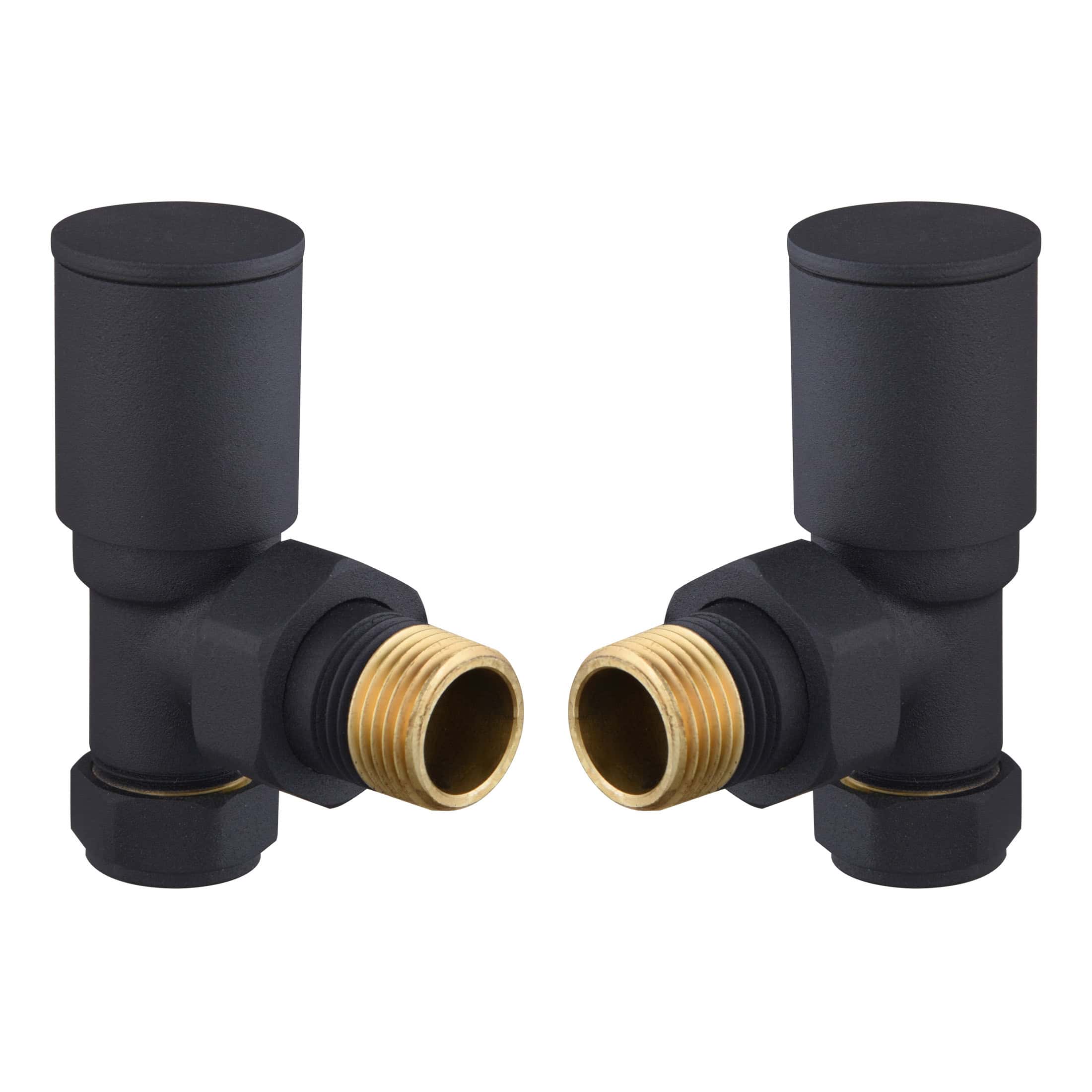 Black bathroom radiator valve pair with brass threaded connectors for efficient heating system installation. Ideal for modern bathroom radiator setups to control temperature.