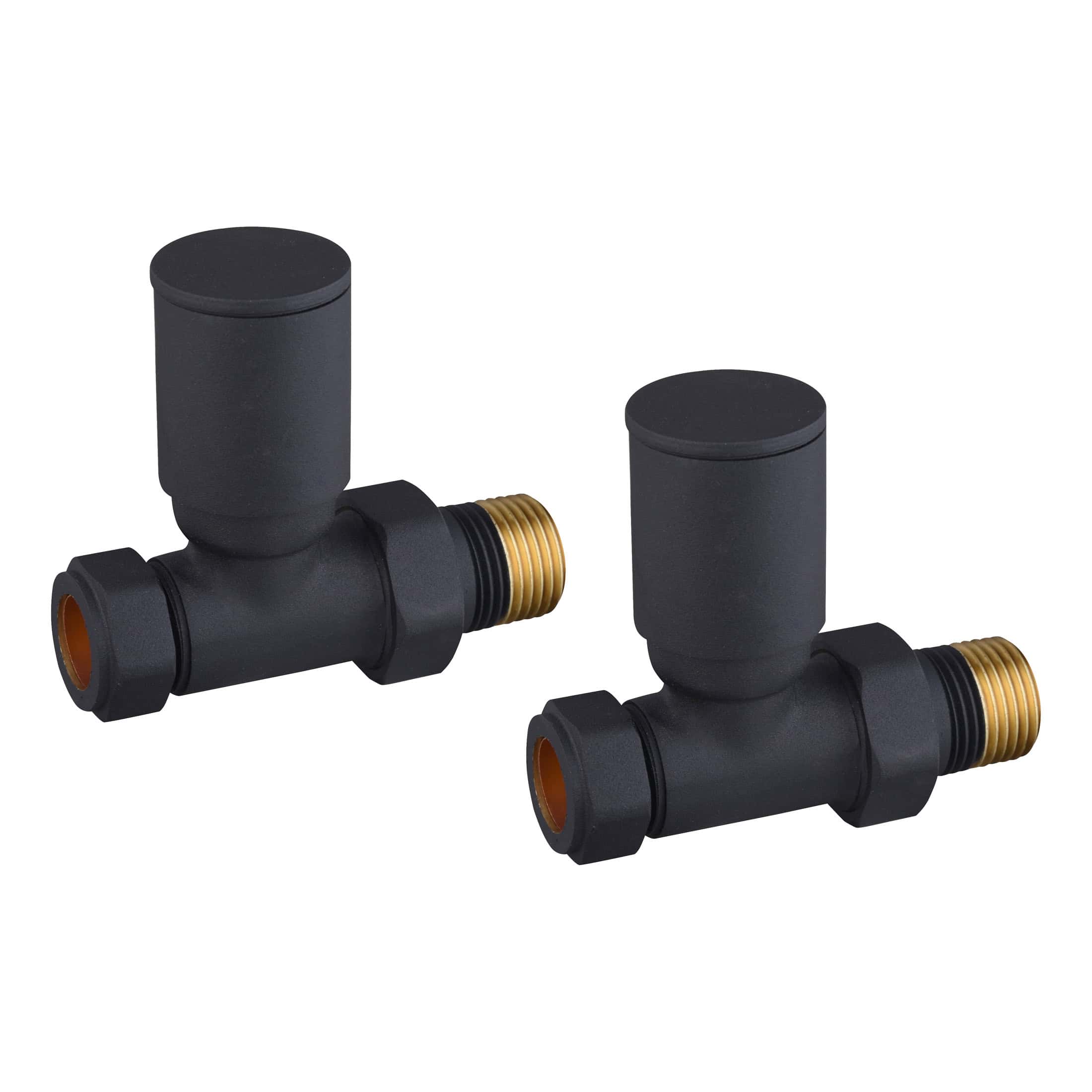 Black plastic radiator bleed valves for bathroom radiator installation, featuring brass threaded fittings for secure plumbing connections, ideal for bathroom radiator system maintenance.