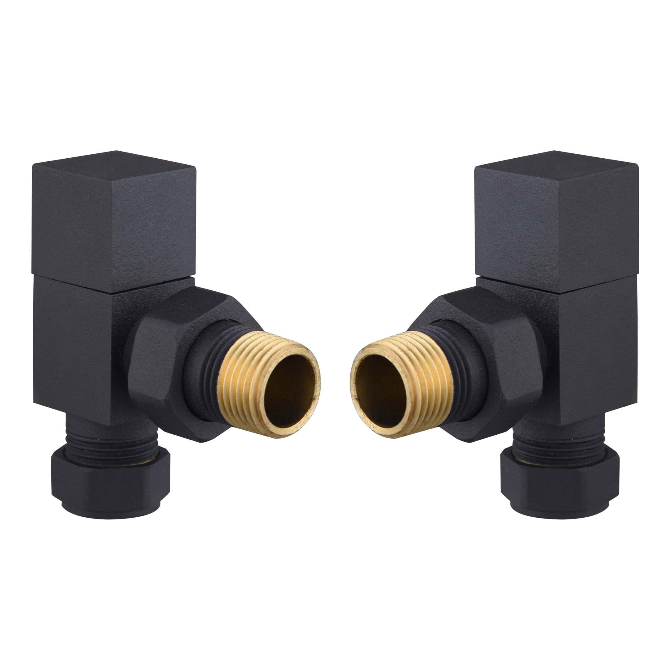 Black and brass radiator valves for modern bathroom heating system, designed for easy installation and reliable control of water flow, enhancing bathroom functionality and aesthetics.