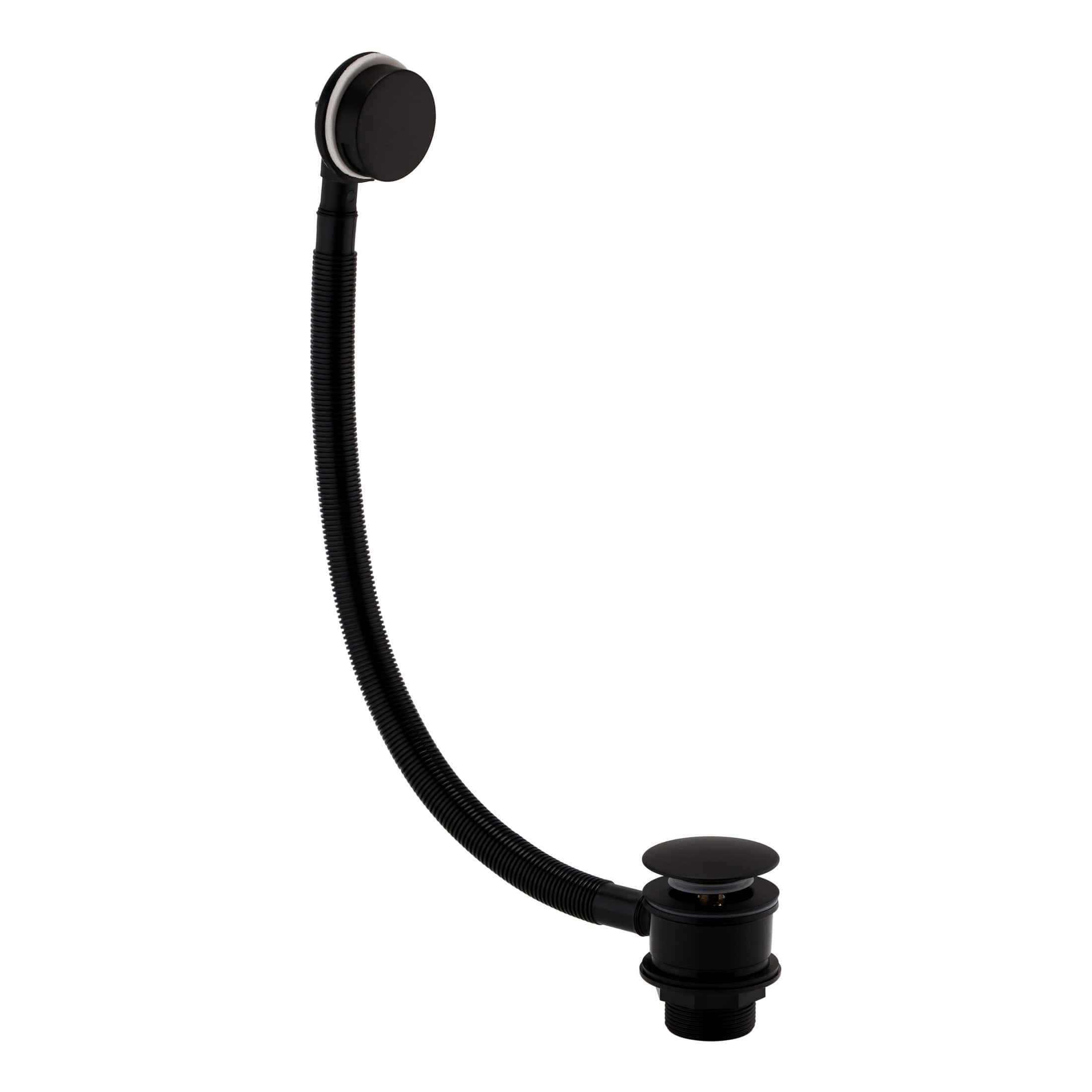 Flexible black bathroom sink drain waste with overflow cover and chrome finish, suitable for modern and contemporary bathrooms. High-quality plumbing component for stylish and functional bathroom design.