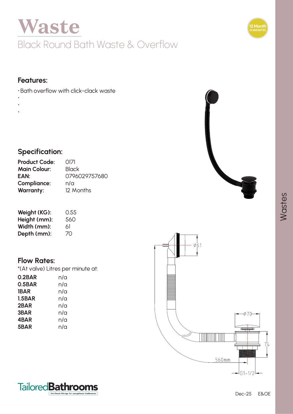 Tailored Round Click Clack Bath Waste And Overflow - specification sheet with technical drawing and dimensions