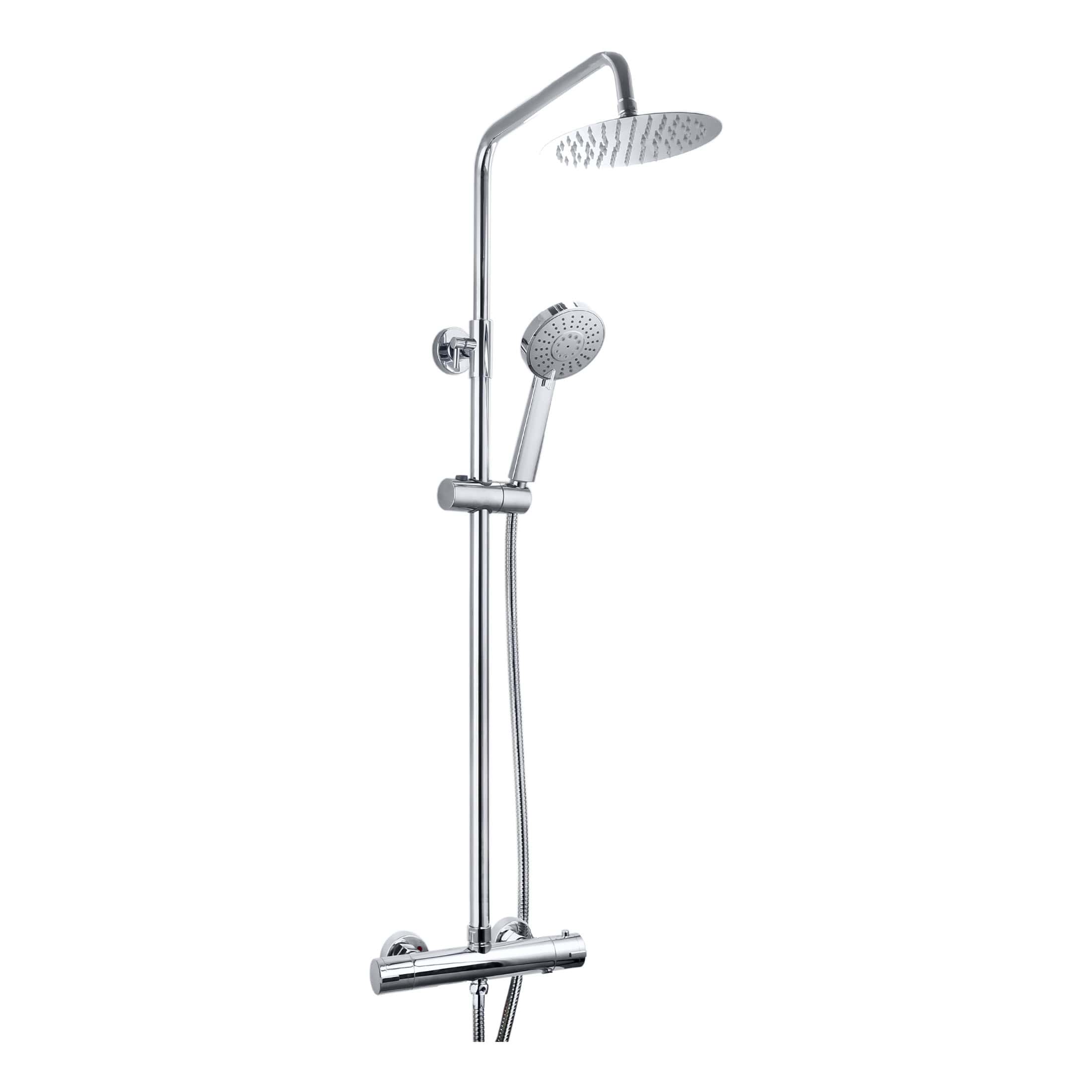 Shower rail with adjustable hand shower and overhead showerhead, chrome bathroom shower fixture, modern design for premium bath remodels and installations.