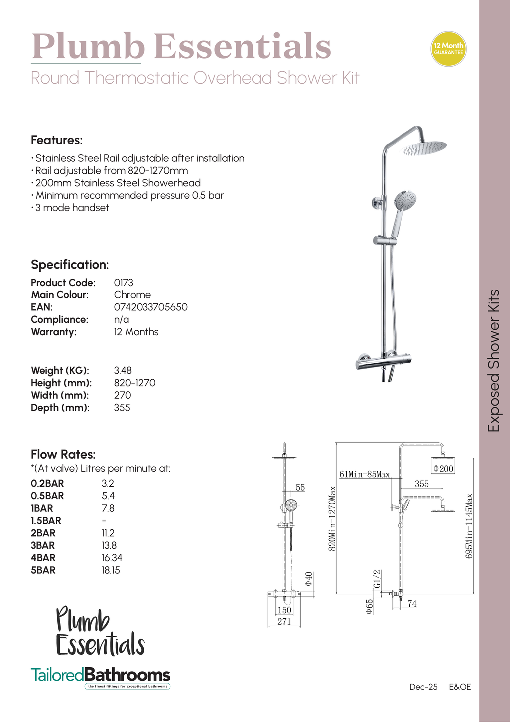 Tailored Plumb Essential Round 2 Outlet Thermostatic Concealed Shower Valve With Overhead Shower Kit - specification sheet with technical drawing and dimensions