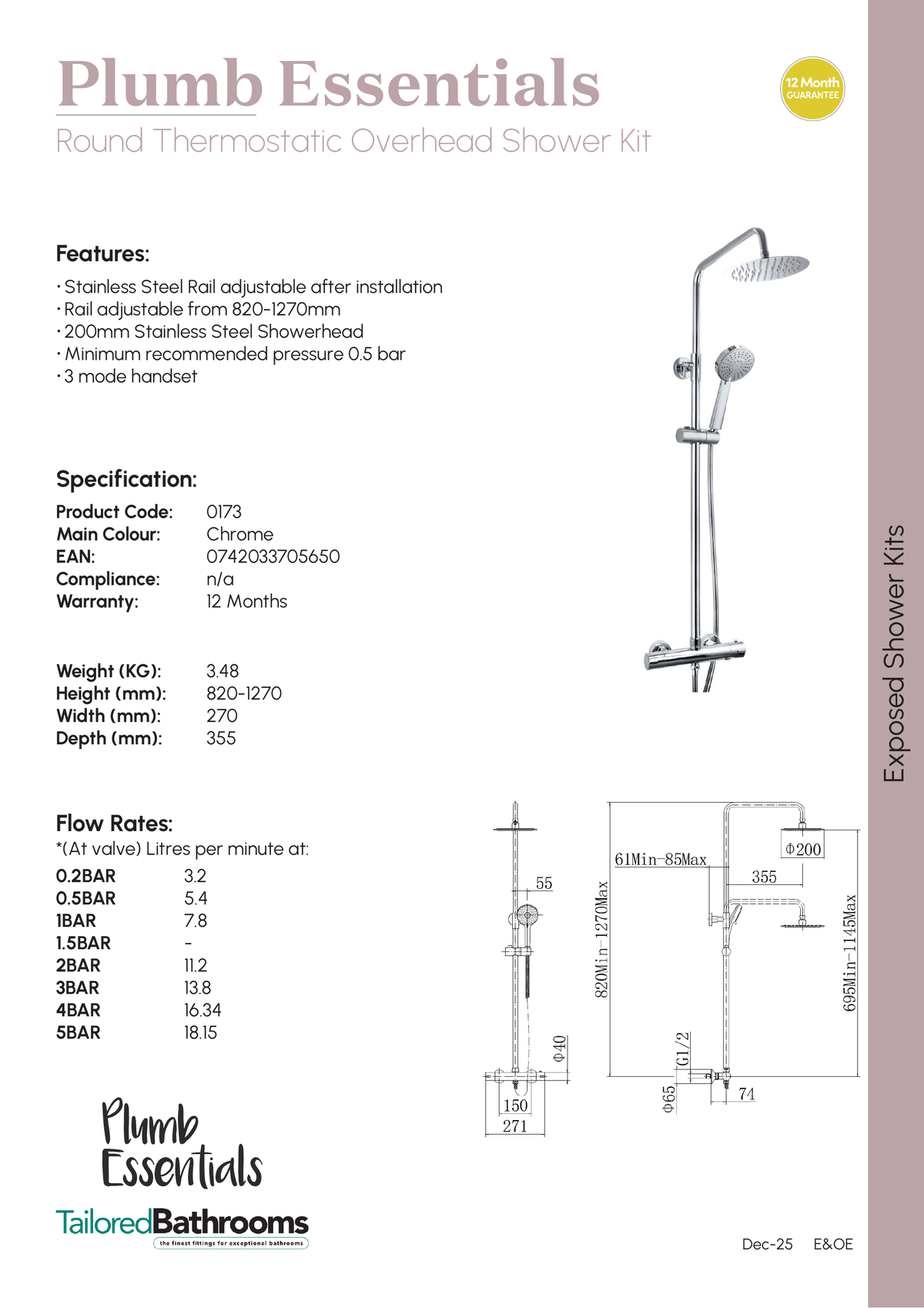 Tailored Plumb Essential Round 2 Outlet Thermostatic Concealed Shower Valve With Overhead Shower Kit - specification sheet with technical drawing and dimensions