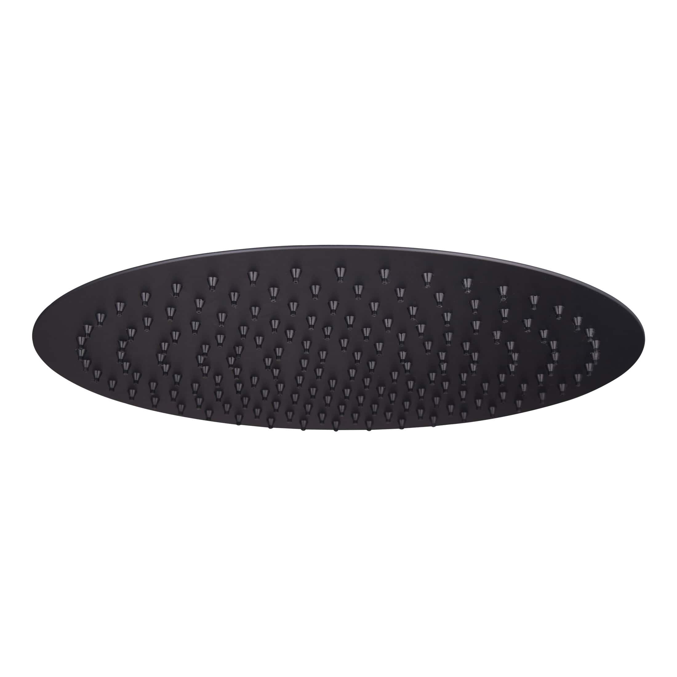 Black oval shower head with numerous water nozzles, modern bathroom fixture, high-pressure rainfall shower head for a luxurious bathing experience.